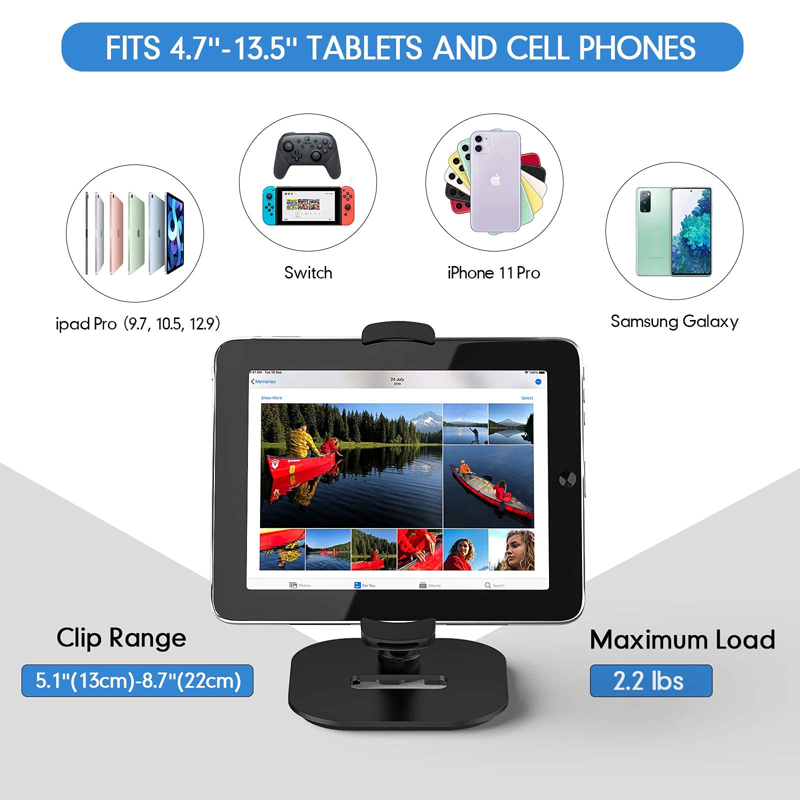 AboveTEK Adjustable Tablet Stand Holder for iPad 7-13 inch, iPad Pro/Air/Mini, Samsung Galaxy Tab, Nexus - Universal Desktop Stand for 4.7''-13.5'' Tablets & Phones - Perfect for Work, Study, Watching Videos & Video Calls