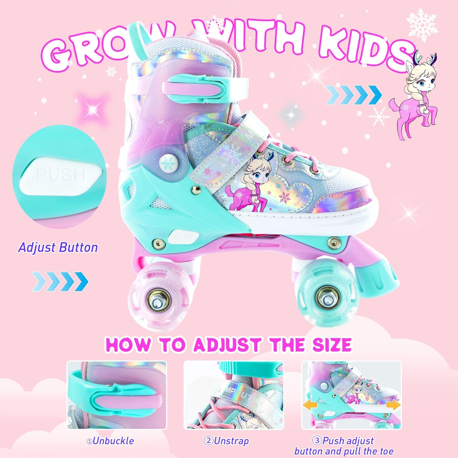 **Girls Adjustable Light Up Roller Skates with Luminous Wheels - Kids Inline Skates for Indoor & Outdoor Fun - Perfect for Birthday Gifts, Park Rides & Roller Rinks**