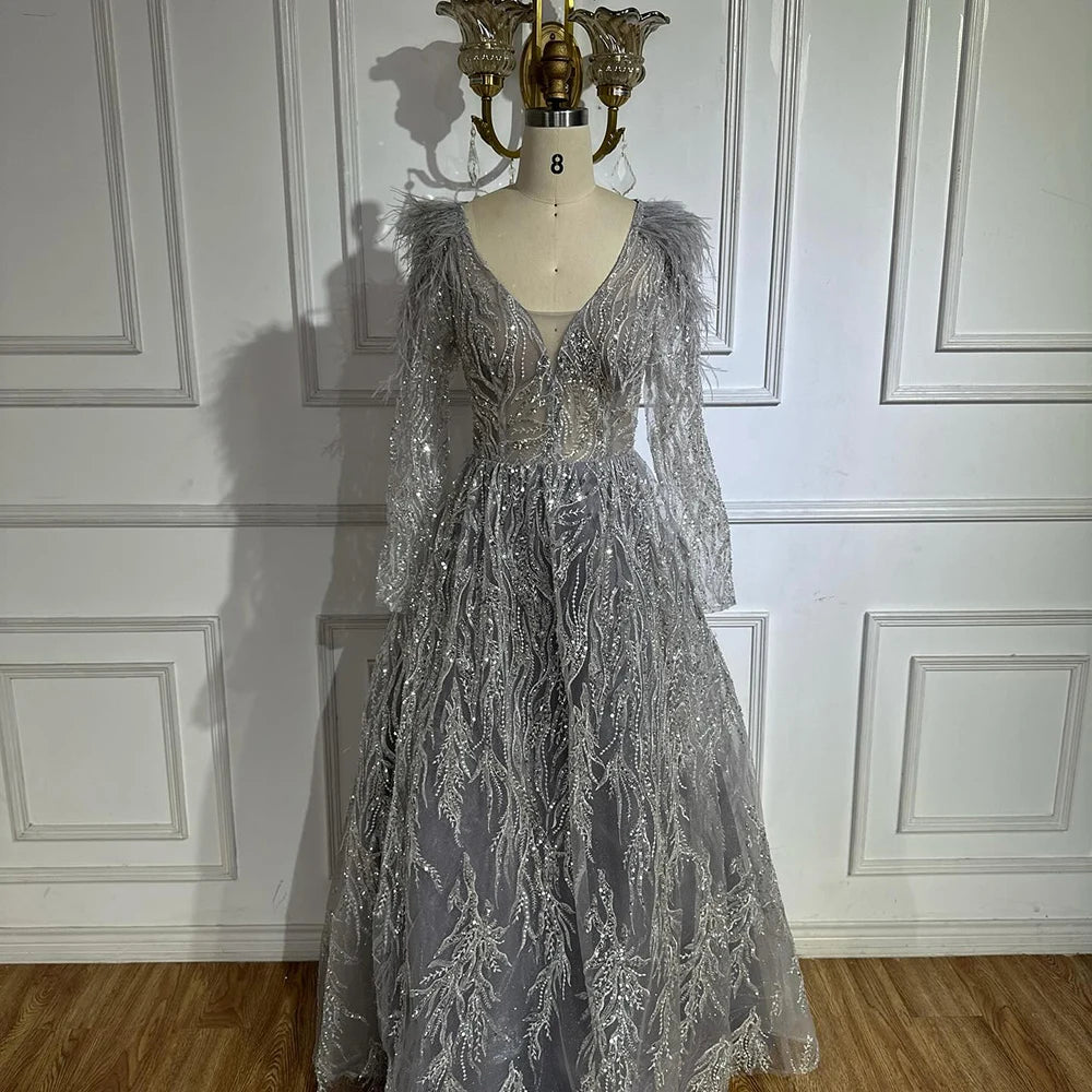Serene Hill Muslim Beige A-Line Beaded Feathers Luxury Dubai Long Evening Dress Gown 2025 for Women - Elegant Wedding Party & Special Occasion Wear