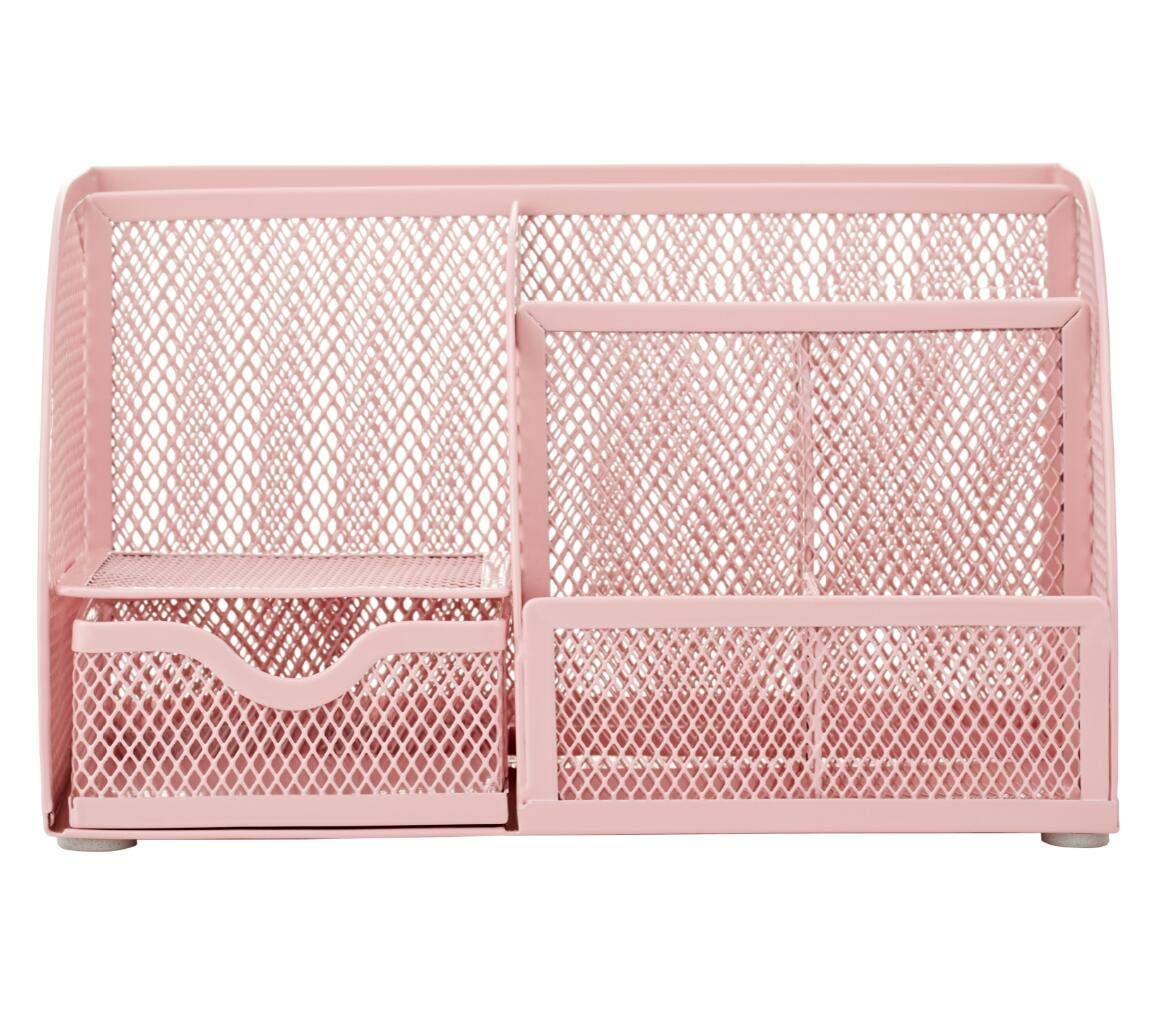 Annovo Mesh Desk Organizer with 7 Compartments & Drawer - Multifunctional Office Organizer for Pens, Candy, Supplies (Light Pink) - Perfect for Home Office, School Desk & Workspace Organization