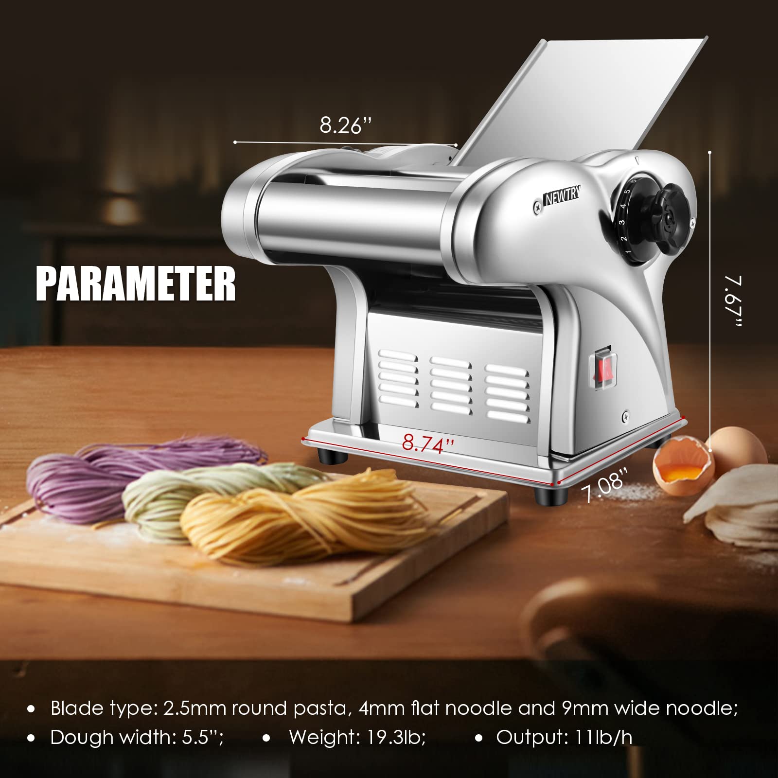 NEWTRY Electric Pasta Maker Machine - Stainless Steel Dough Roller & Cutter with 3 Blades, Adjustable Thickness, 110V for Home Kitchen | Perfect for Making Fresh Spaghetti, Fettuccine & Lasagna Noodles