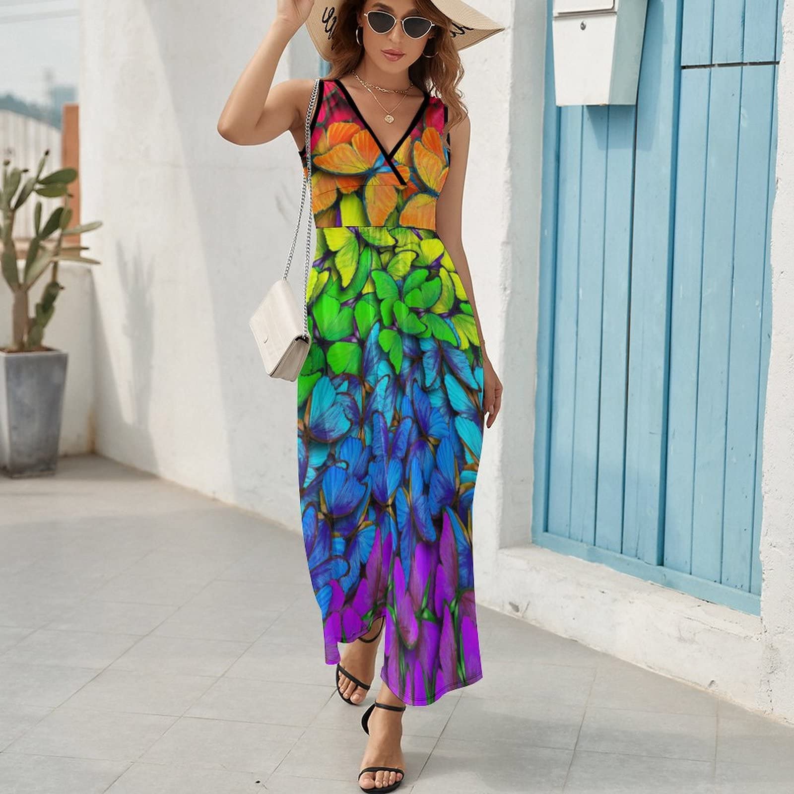 Women's Maxi Dress with Multicolored Butterflies Print - V Neck Sleeveless Summer Flowy Dress for Beach, Vacation & Casual Wear