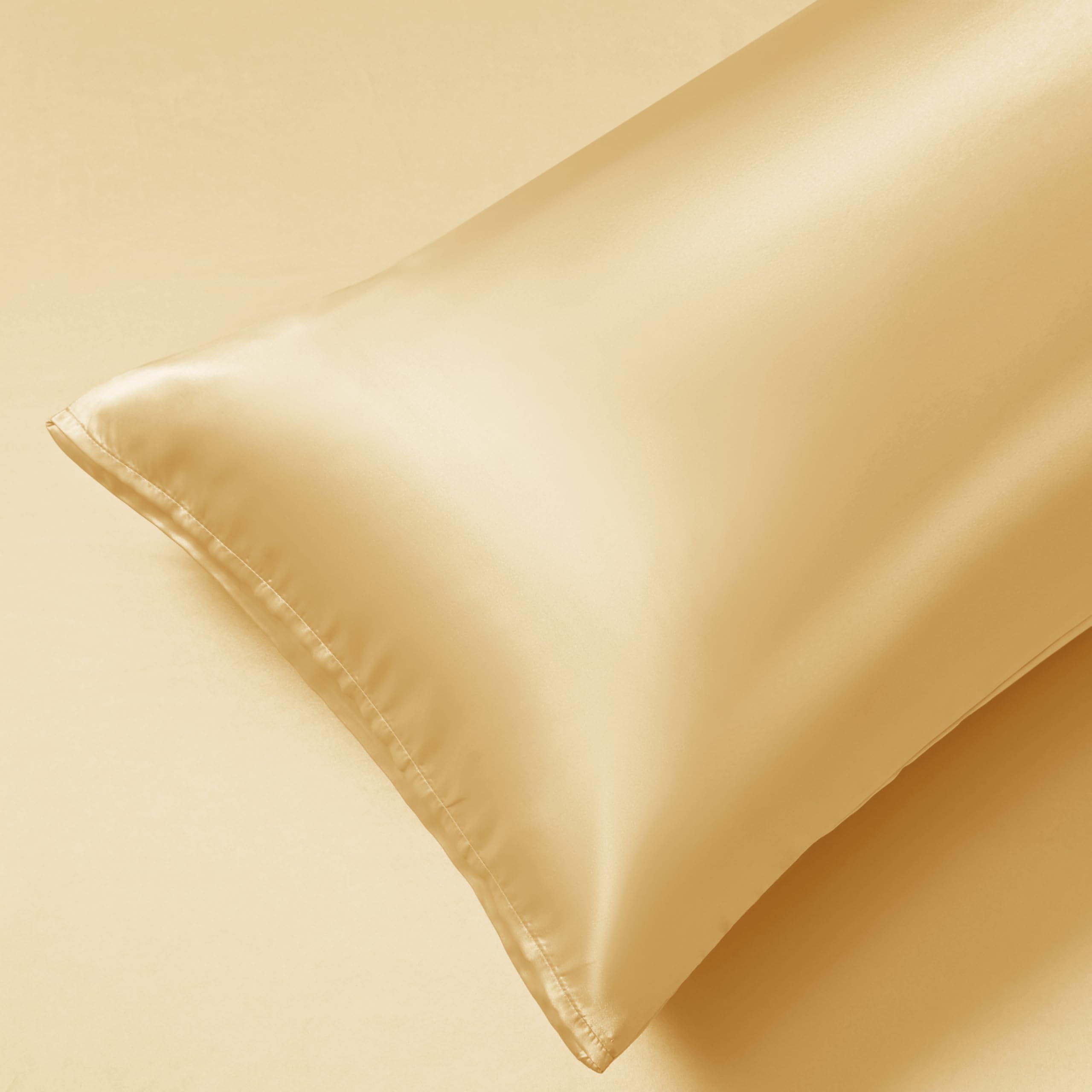 5Pcs Gold Silky Satin Sheets Set - Full Size Luxury Bedding with 1 Flat Sheet, 1 Deep Pocket Fitted Sheet & 3 Envelope Closure Pillowcases - Soft & Elegant for Master Bedroom, Guest Room or Special Occasions