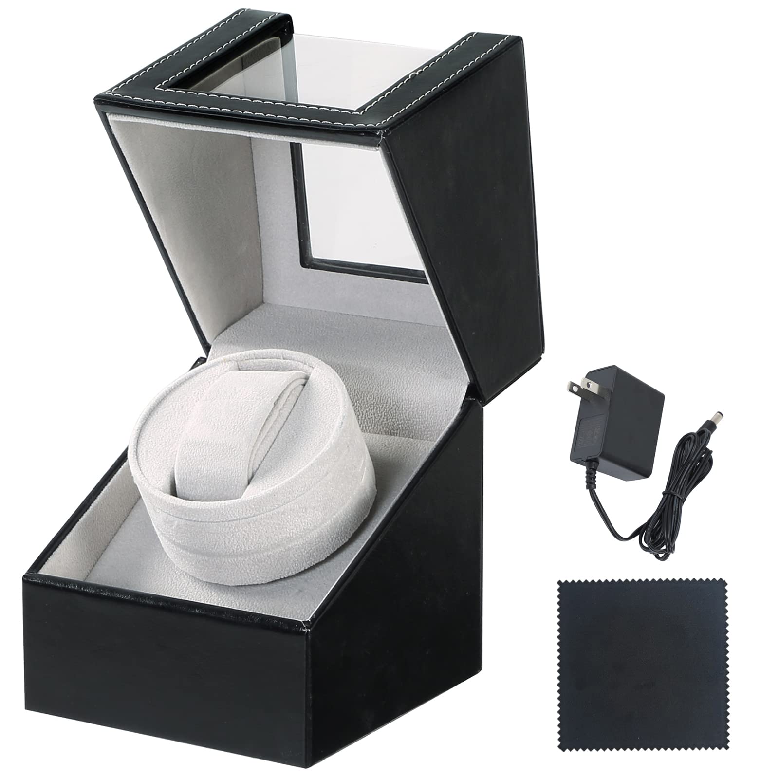 Premium Automatic Single Watch Winder - Black Leather Case with Ultra Quiet Motor for Men & Women | AC/Battery Powered Watch Storage Display Box | Perfect for Home, Office & Travel Use