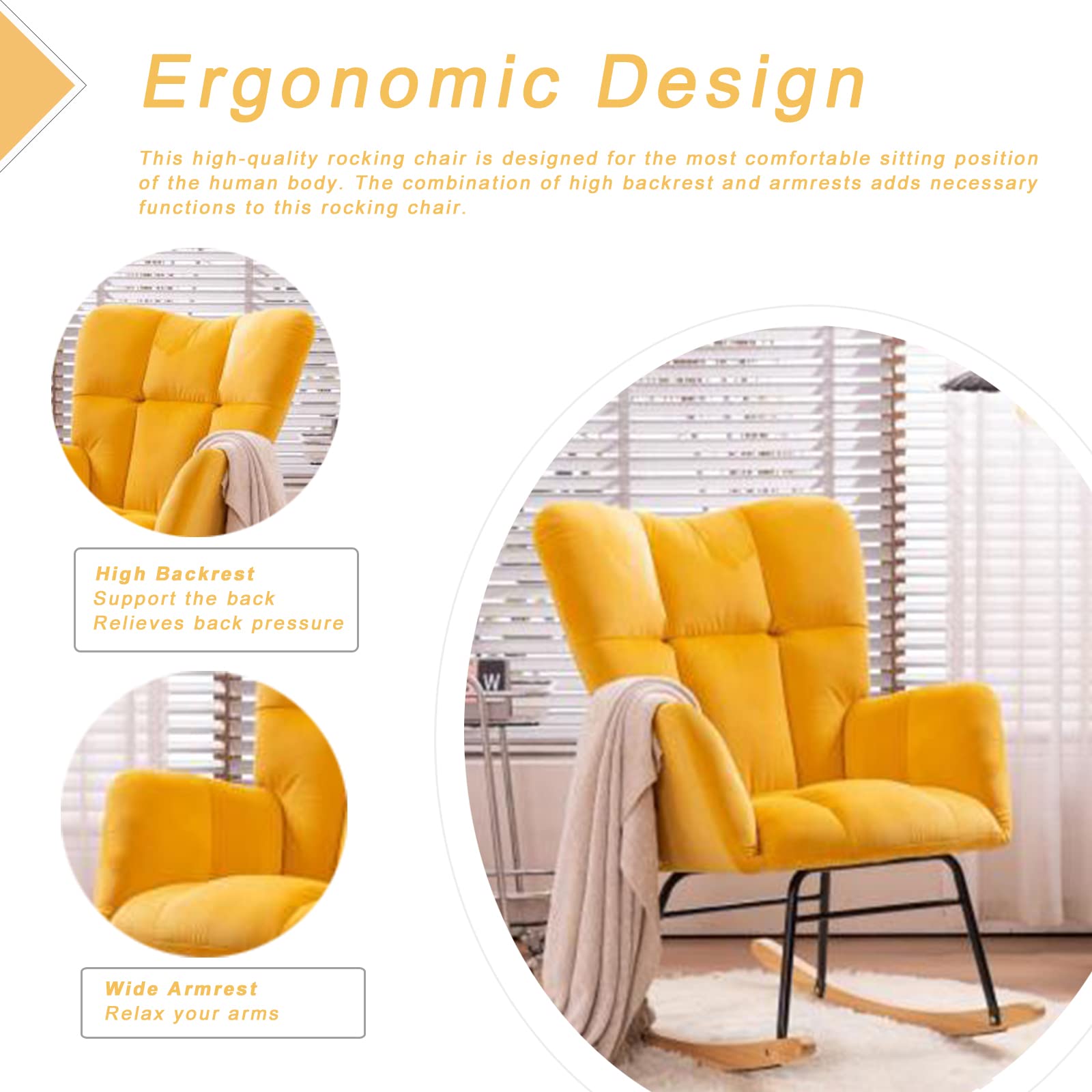 KINFFICT Velvet Upholstered Nursery Rocking Chair - Mid Century Modern Glider Rocker with High Backrest, Comfortable Accent Armchair for Living Room, Bedroom & Office | Perfect for Nursing, Reading & Relaxing
