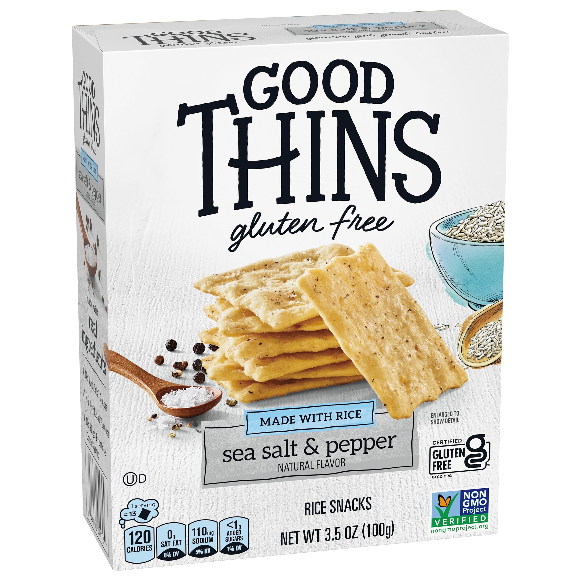 Gluten Free Sea Salt & Pepper Rice Snacks - Healthy Crackers for Adults & Kids, 3.5 oz - Perfect for Office Snacks, School Lunches & On-the-Go Travel
