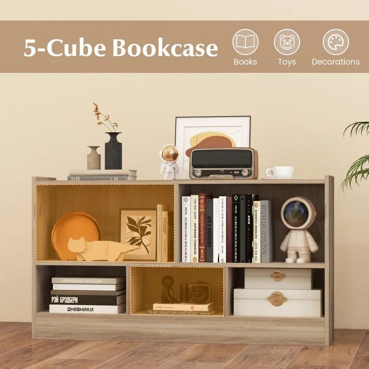 5-Cube Wooden Kids Bookcase with 2 Shelves - Natural Toy Storage Cabinet Organizer for Bedroom, Playroom & Nursery Organization