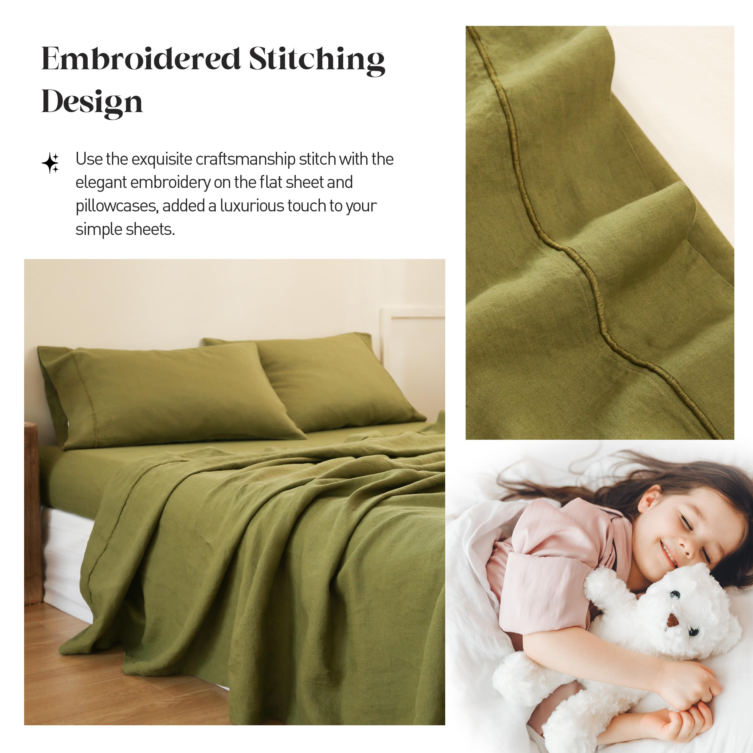 100% Pure Linen Sheet Set Full Size - Natural French Flax 4-Piece Washed Breathable Bedding (Flat Sheet, Fitted Sheet, 2 Pillowcases) in Olive Green with Embroidery | Farmhouse & Bohemian Style | Perfect for Hot Sleepers & Eco-Friendly Homes