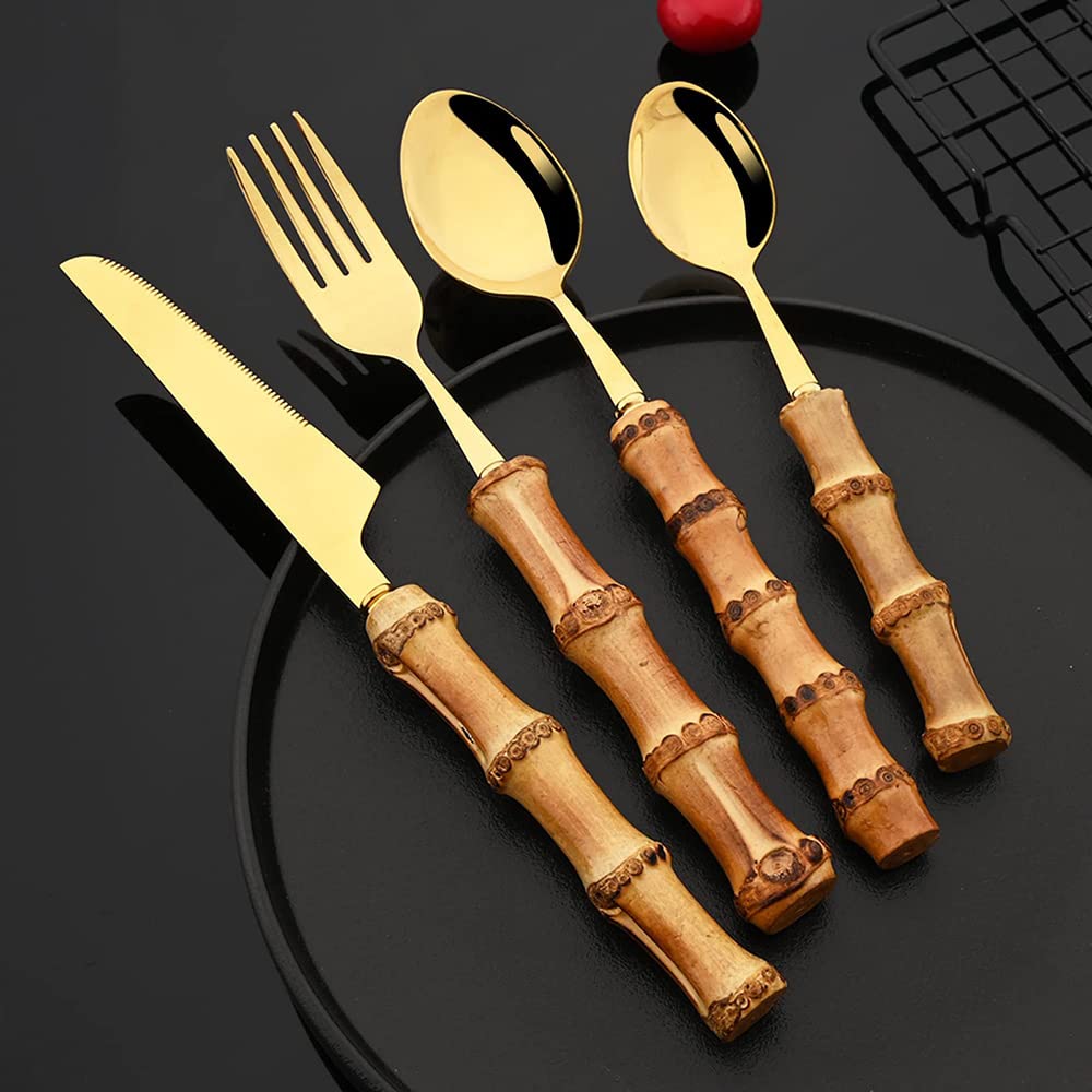 Premium 48-Piece Bamboo Handle Silverware Set for 12 - 18/8 Stainless Steel Golden Flatware Cutlery Set with Natural Bamboo Handles - Dishwasher Safe Kitchen Utensils for Everyday Dining, Dinner Parties & Gifts
