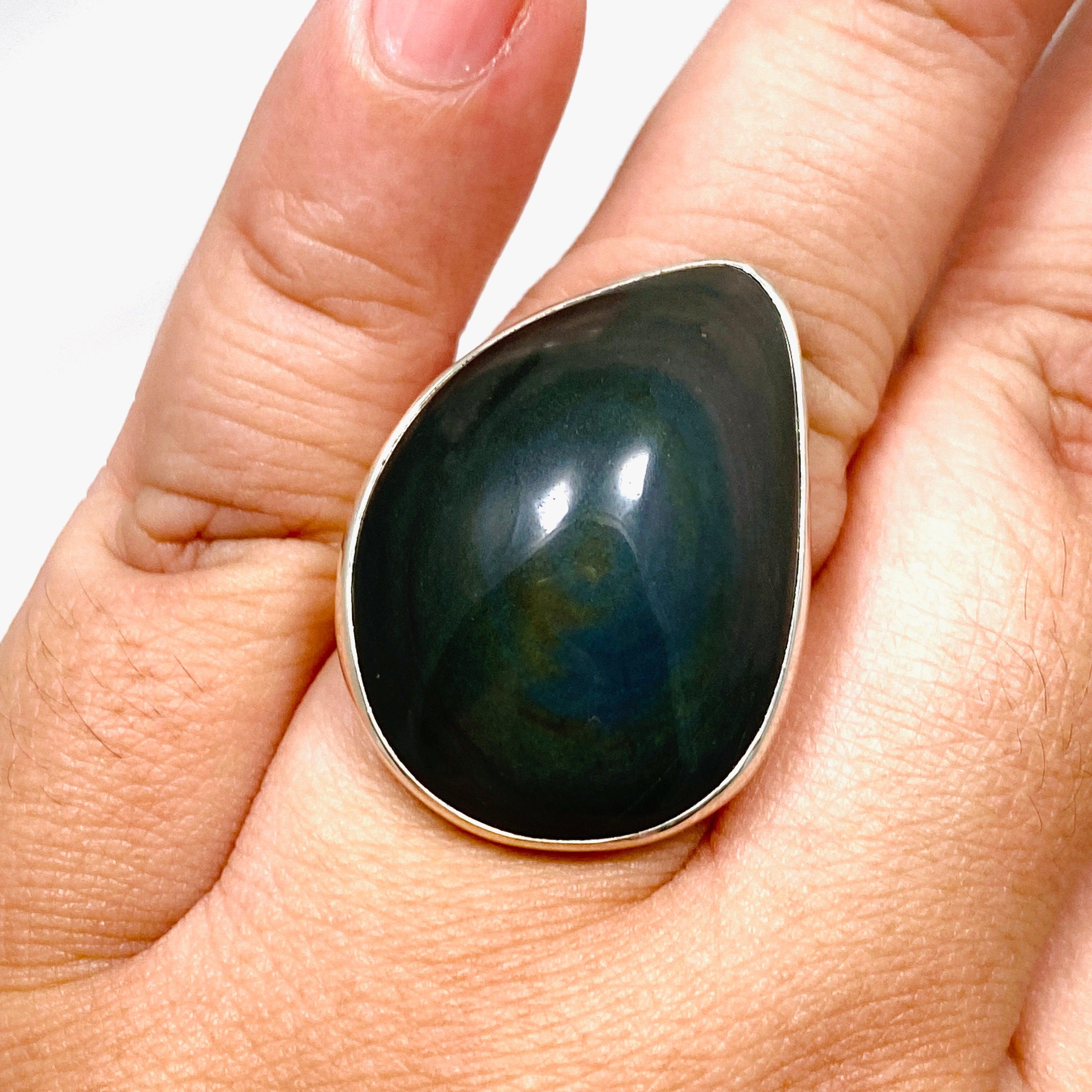 Rainbow Obsidian Freeform Ring - Size 11 - Handmade Sterling Silver Jewelry - KRGJ2812 - Perfect for Boho Fashion & Spiritual Healing