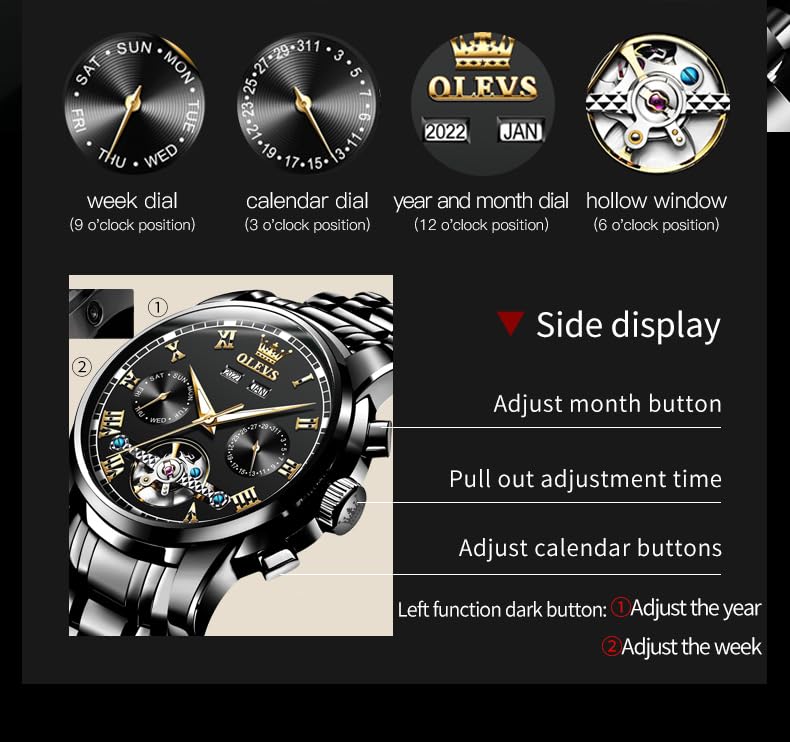 OLEVS Men's Automatic Self-Winding Tourbillon Watch - Luxury Stainless Steel Dress Watch with Luminous Hands & Waterproof Design - Perfect for Business, Formal Events & Everyday Wear