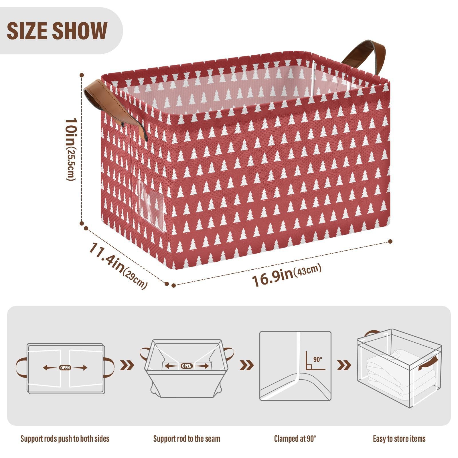 Red Christmas Trees & White Fabric Storage Bins - Collapsible Decorative Baskets with Handles for Closet, Toy & Gift Organization | Holiday Home Decor & Seasonal Storage Solutions