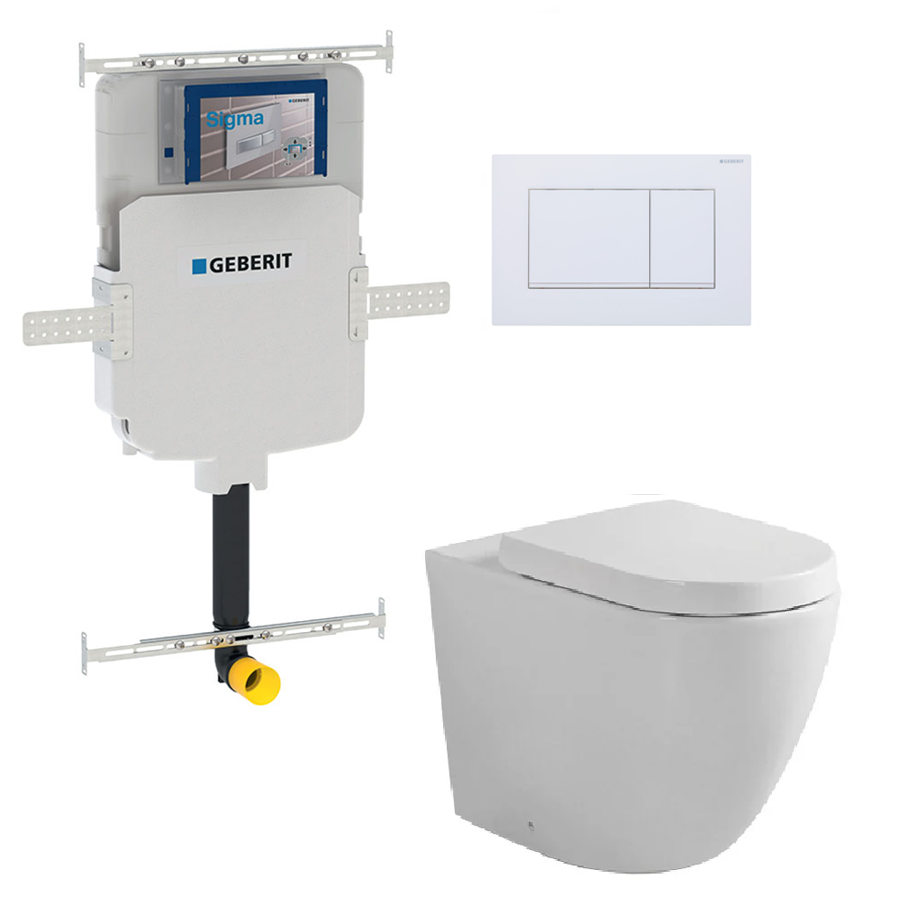 Fienza Gerberit Toilet Set - Gloss White Wall-Mounted Toilet Pan with Sigma 8 In-Wall Cistern & Sigma 30 Matte White Flush Plate - Perfect for Modern Bathroom Renovations and Space-Saving Designs