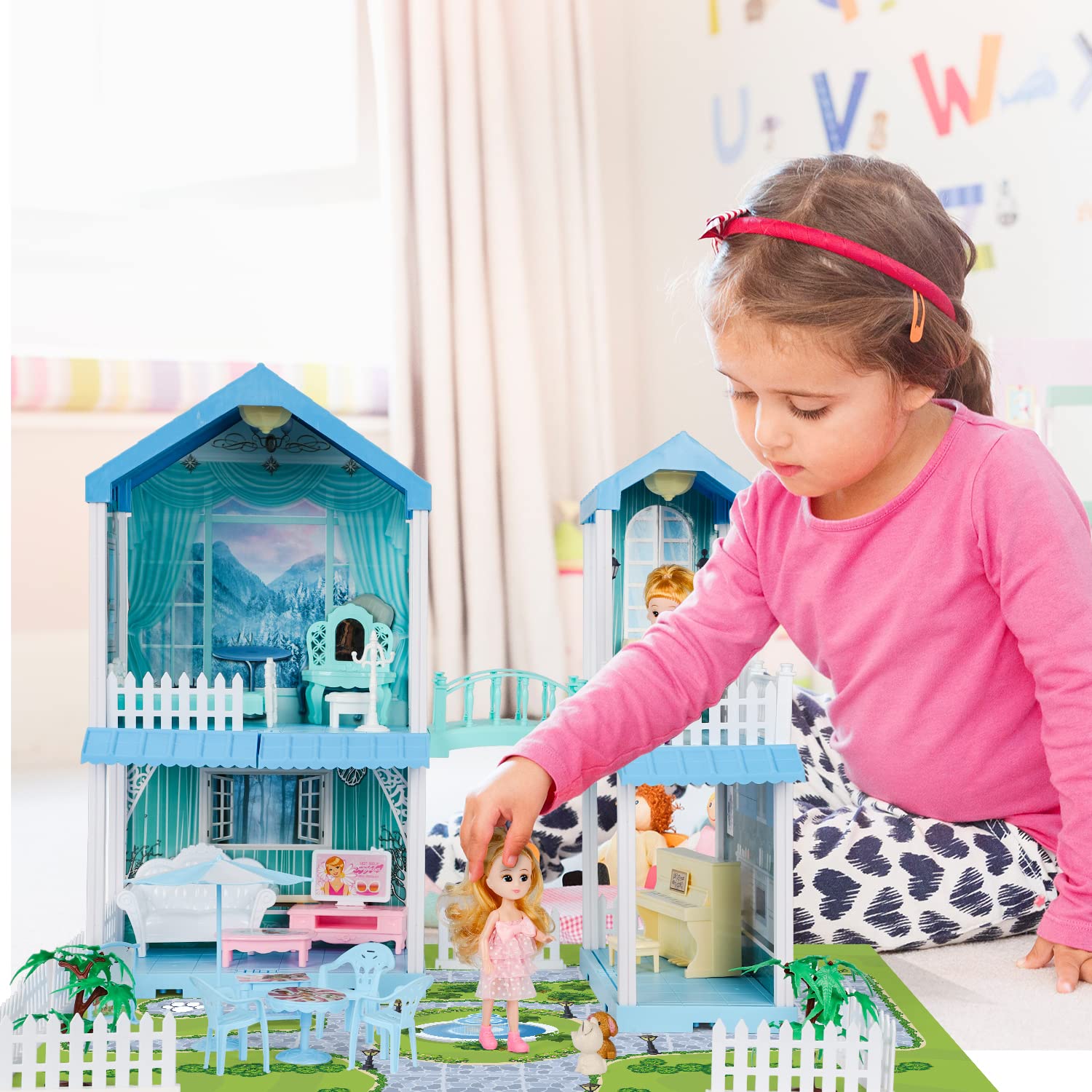 Blue Princess Doll House for Girls Ages 3-5 - Two Story Dream House with Furniture & Accessories | Pretend Play Toy for Kids, Birthday Gift & Room Decor