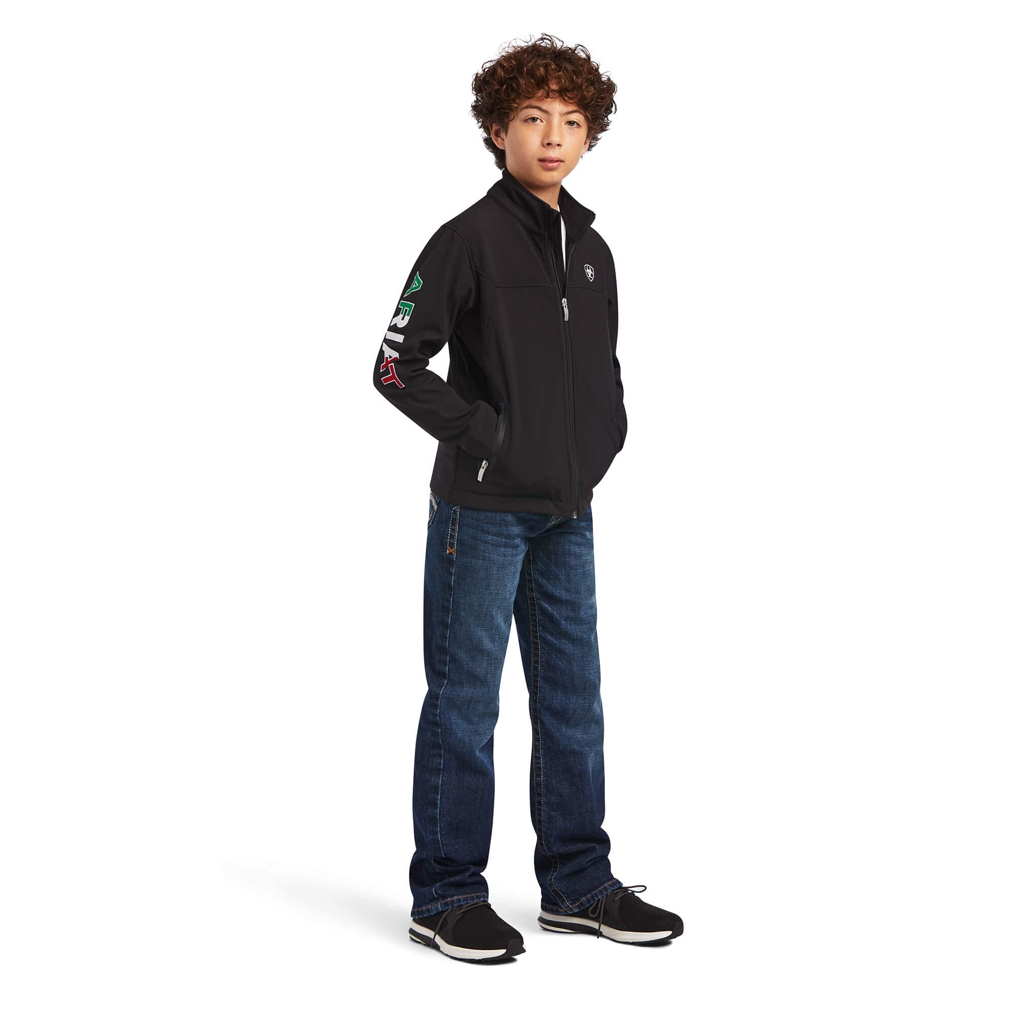 ARIAT Unisex Youth Team Softshell Mexico Water Resistant Jacket - Lightweight Windproof Outerwear for Hiking, Camping & Outdoor Activities