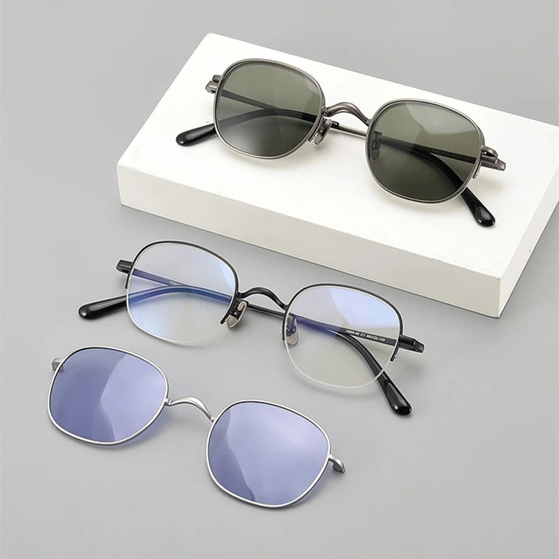 Stylish Black Semi-Rimless Oval Titanium Eyeglasses with Clip-On Sunglasses for Women - MK46 | Perfect for Outdoor Activities, Driving, and Fashion Accessories