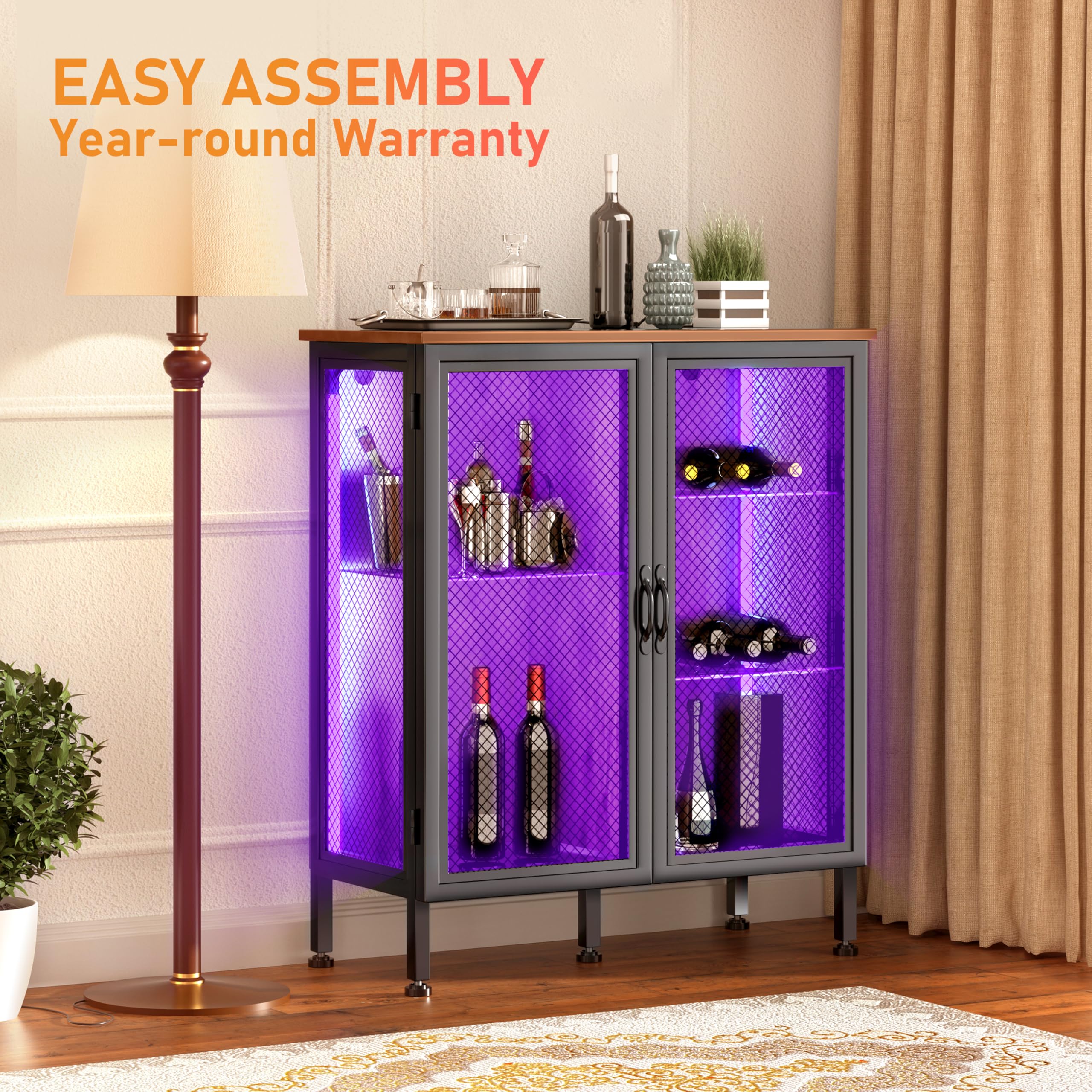 Modern Wine Bar Cabinet with LED Lights & Glass Shelves - Storage Cabinet for Liquor, Coffee & Kitchen Essentials - Perfect for Farmhouse Dining Room & Home Entertaining
