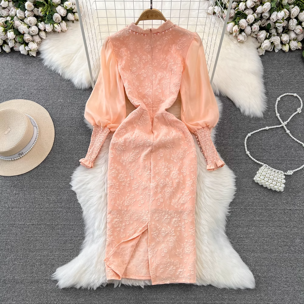 French Style Sweet Puff Sleeve Dress for Women - Elegant Autumn Floral Midi Dress with Ruffle Hem | Perfect for Fall Weddings, Date Nights and Office Wear