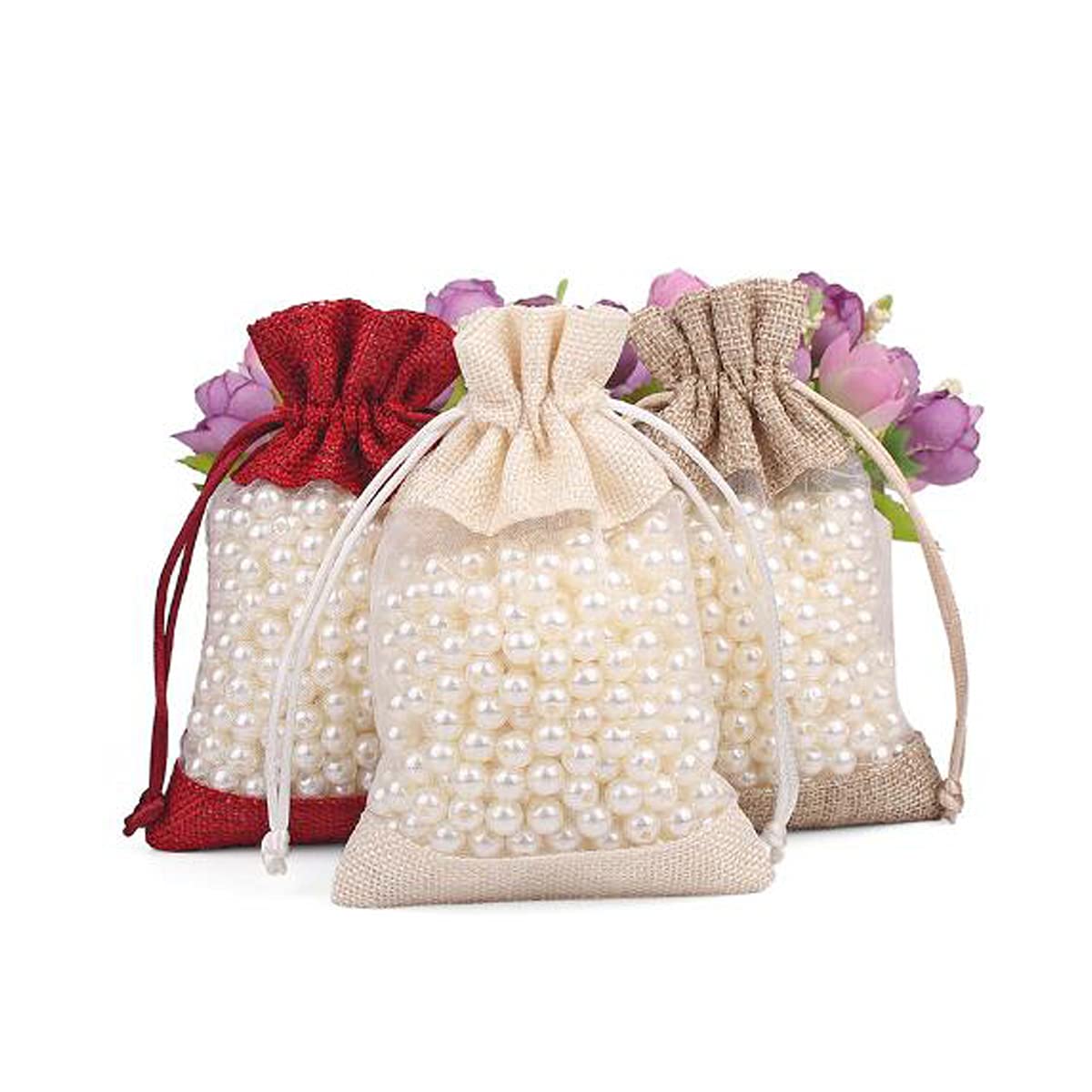 50 Pcs Natural Brown Burlap Drawstring Bags 3.9