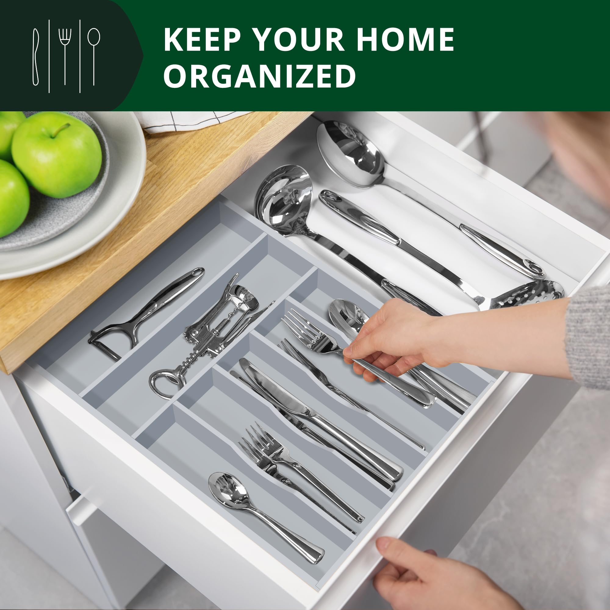 Premium Bamboo Kitchen Drawer Organizer - 7-Slot Silverware & Utensil Holder with Adjustable Dividers for Forks, Spoons, Knives | Gray Cutlery Tray for Kitchen Organization | Perfect for Home, Restaurant & Office Use