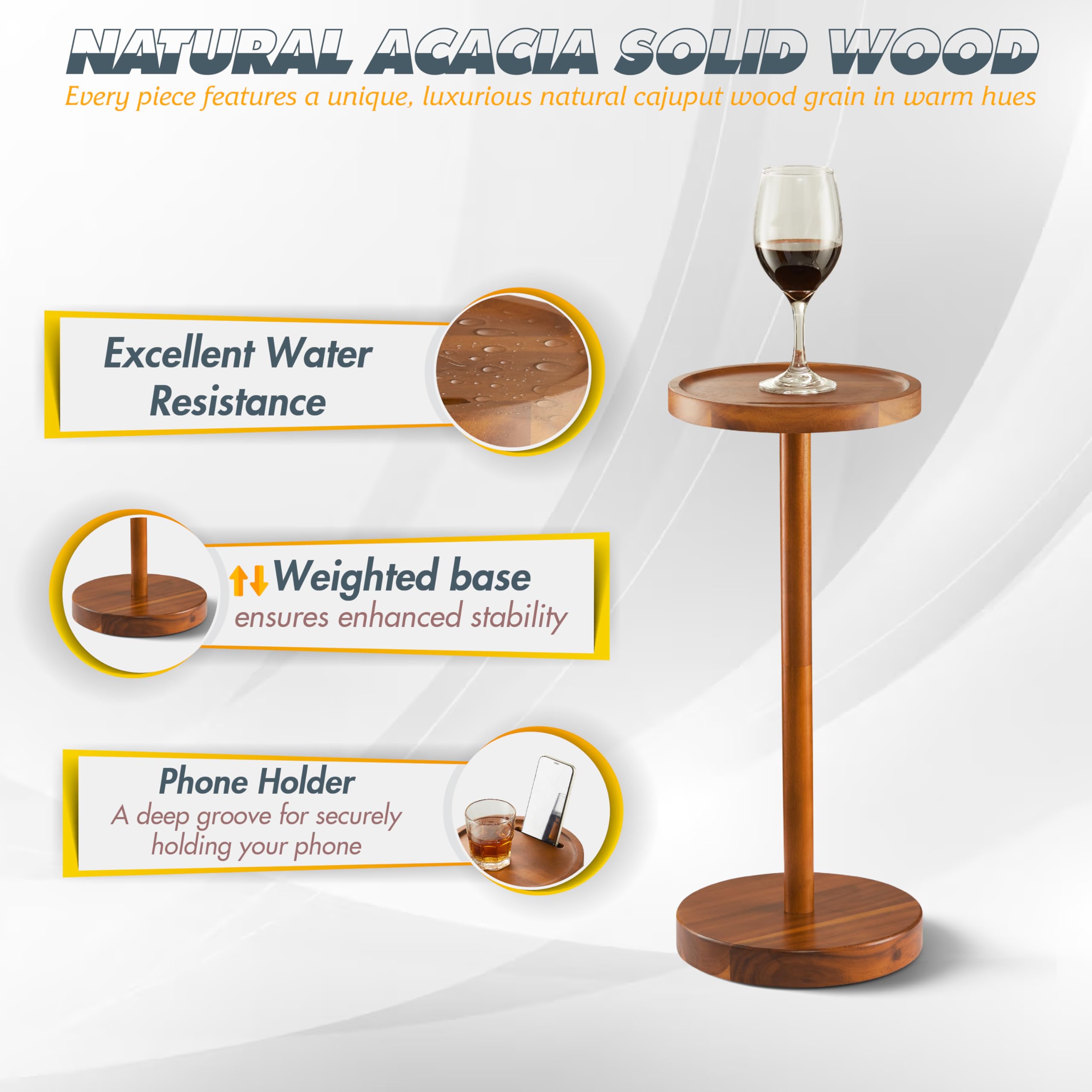 BLUEWEST Acacia Wood Pedestal Side Table Set of 2 - Round Drink Stand with Weighted Base for Small Spaces - Perfect as Phone Holder & Cocktail Table - Ideal for Living Room, Bedroom, Patio & Outdoor Entertaining