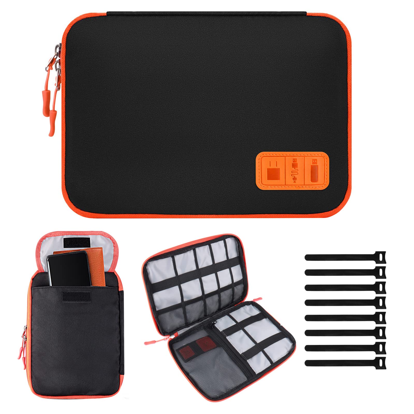 Waterproof Cable Organizer Bag - Travel Cord Storage Case for Phone Charger, USB, SD Card & Accessories with 8 Cable Ties | Perfect for Business Trips, Camping & Daily Commute