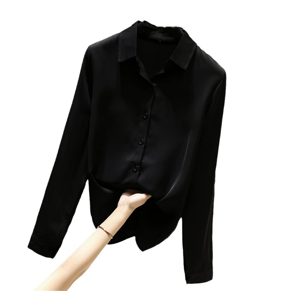 Women's Casual Button-Down Shirt - Loose Fit Solid Color Blouse with Turn-Down Collar | Spring Tops for Women | Perfect for Office Wear, Weekend Outings & Spring Fashion