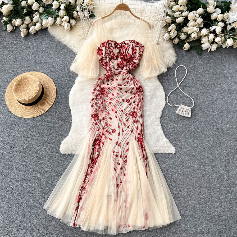 Elegant Mesh Sequins Slit Evening Dress for Women - Mermaid Formal Gown for Prom, Party & Special Occasions
