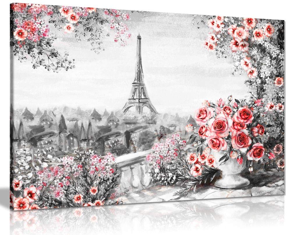 Paris Oil Painting Black White Red With Roses Canvas Wall Art Print (30x20) - Elegant Home Decor for Living Room, Bedroom & Office
