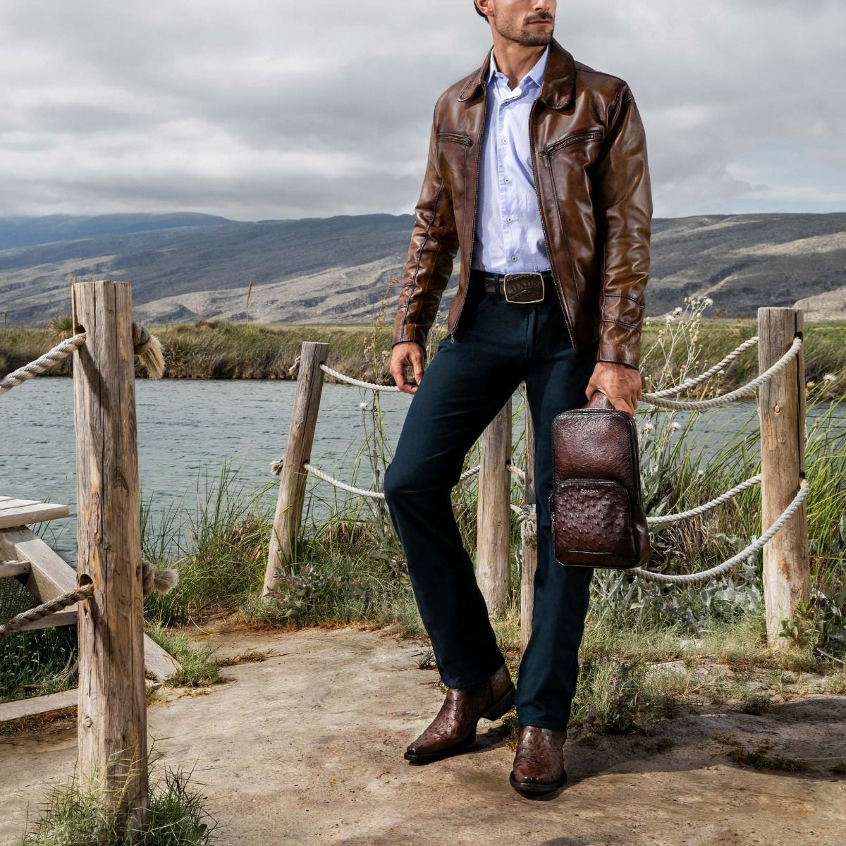 Premium Men's Cowboy Boots - Genuine Ostrich Leather Chocolate Brown Dress Boots for Western Style, Rodeo & Casual Wear