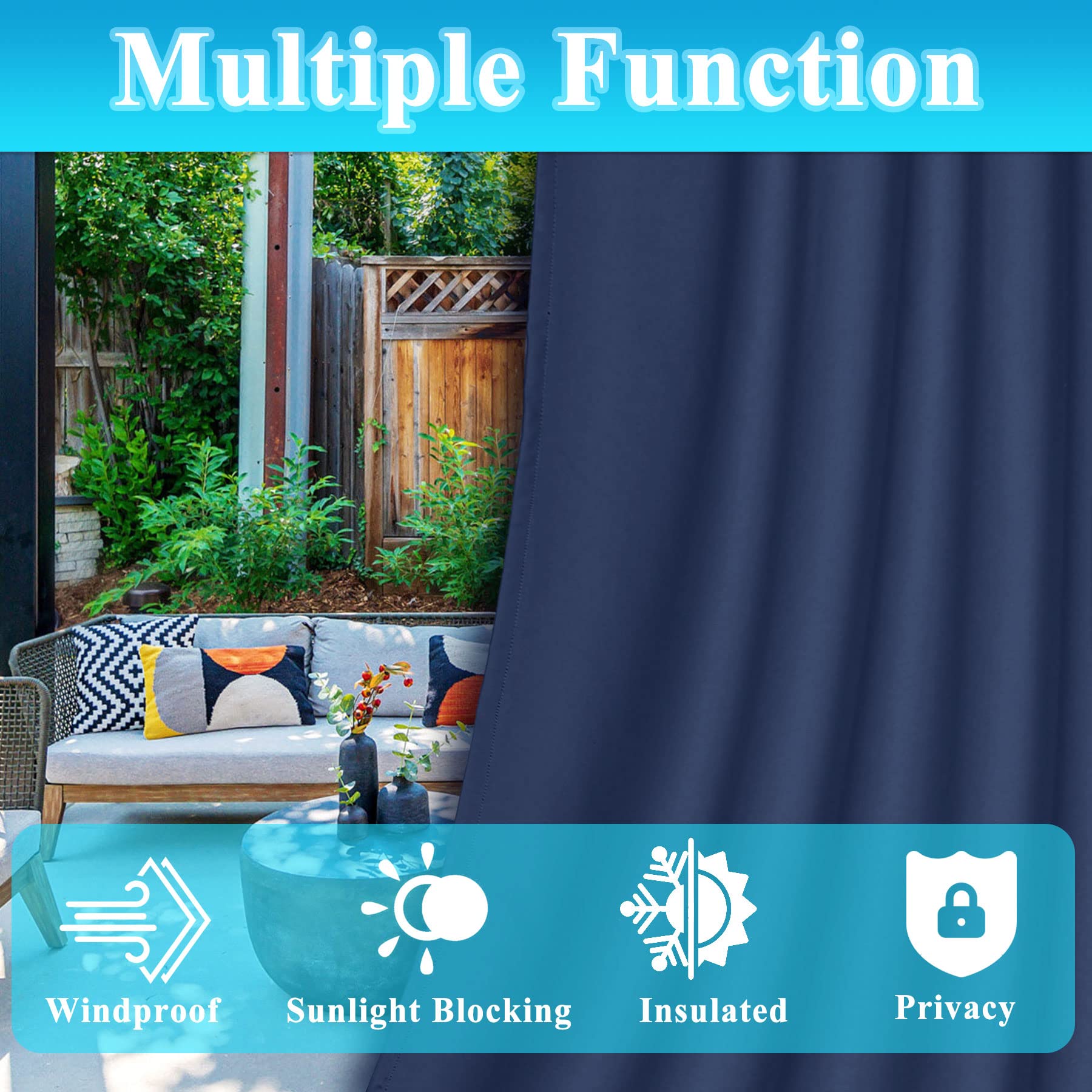 Frelement Extra Wide Outdoor Curtains - Windproof & Privacy Protection - Rustproof Grommet Drapes for Gazebo, Pergola, Patio (Navy, 120