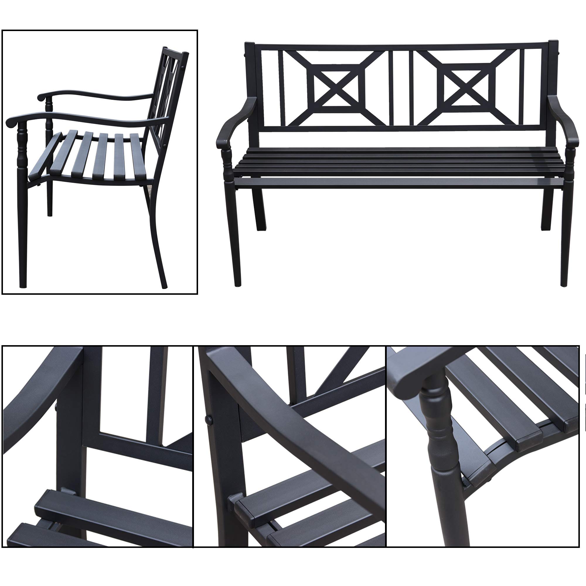 4.1 Ft Steel Frame Garden Bench - Outdoor Patio Chair with Square Design Backrest & Slatted Seat - 2-Person Loveseat for Yard, Park & Garden Seating - Durable Outside Furniture for Relaxing in Backyard, Porch or Deck