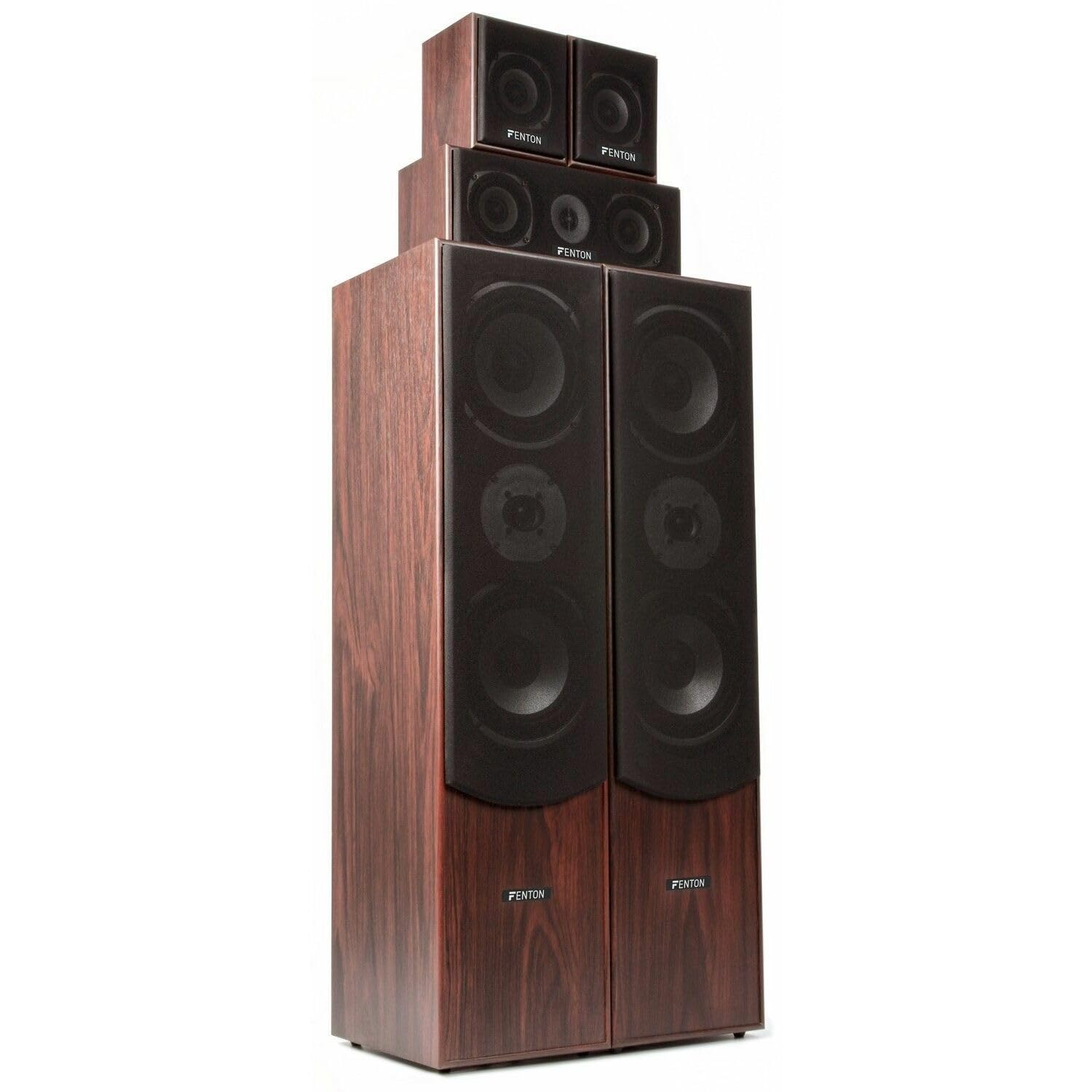 Fenton HF5W 5.0 Home Theater Speaker System - 335W Walnut Wood Bookshelf Speakers (Set of 5) - High-Quality Audio for Movies, Music & Gaming - Perfect for Living Room, Home Theater & Entertainment Spaces
