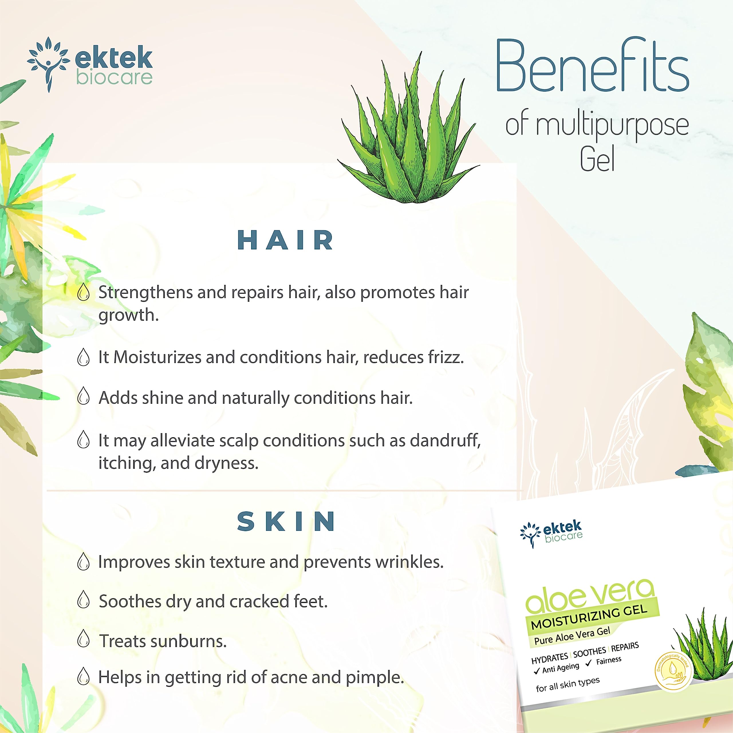 Ektek Biocare Pure Aloe Vera Gel 100ml - Hydrating Face Moisturizer & Hair Treatment | Soothing Skin Care for Sunburn, Acne & Dryness | Natural Multipurpose Gel for Daily Beauty & First Aid Use