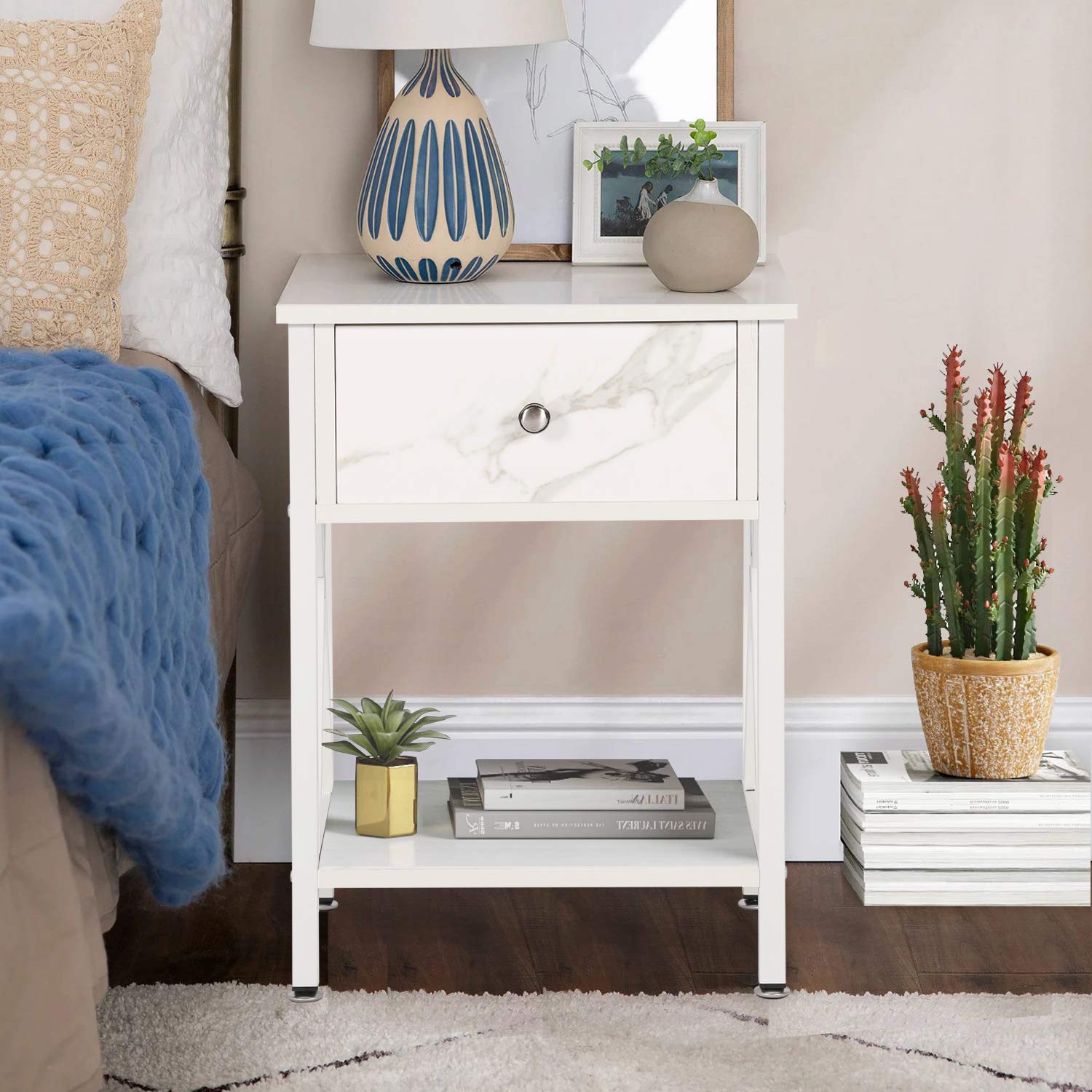 Modern Nightstand Set of 2 - X-Design Side Table with Storage Shelf & Bin Drawer, White Versatile End Table for Bedroom, Living Room, Dorm | Perfect for Storing Books, Lamps & Bedside Essentials