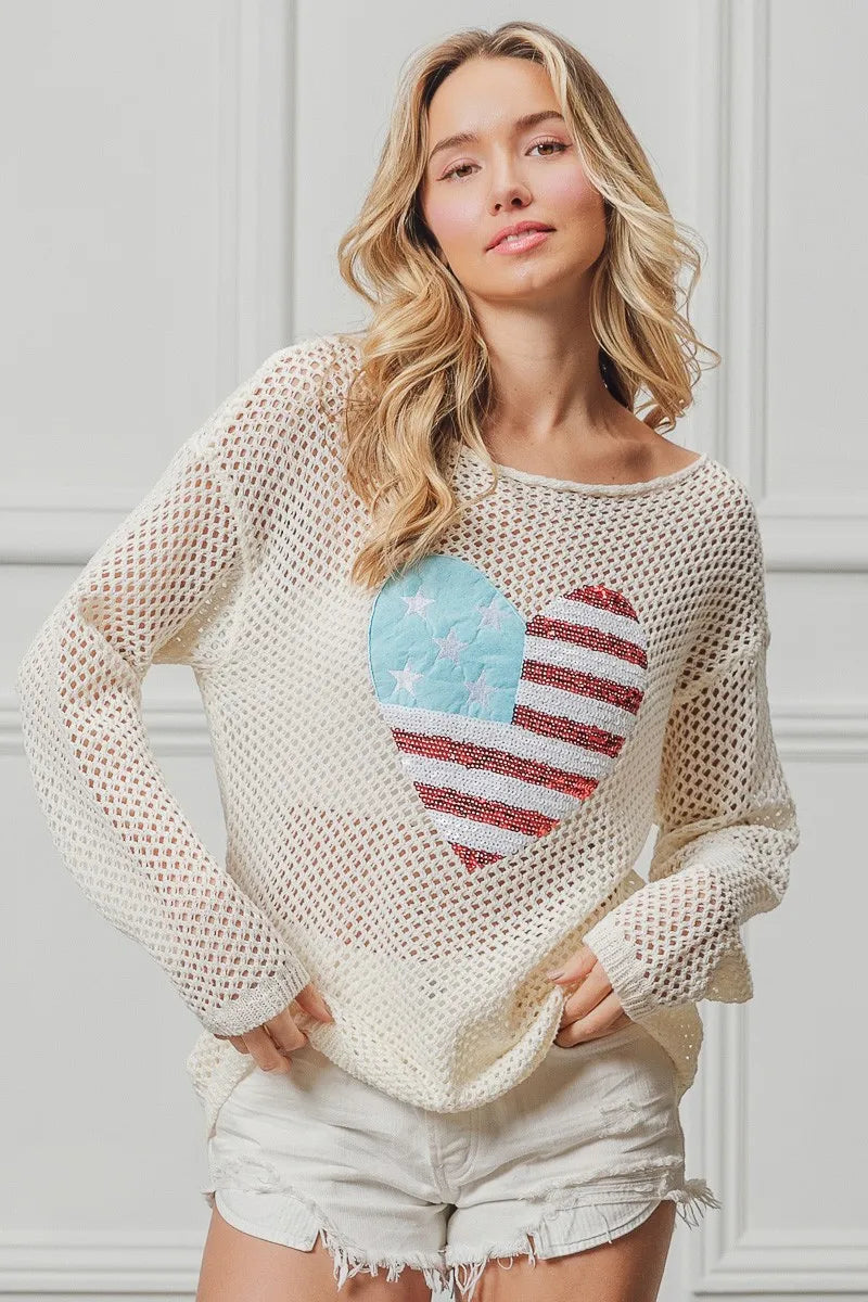 BiBi Sequin American Flag Heart Knit Up - Patriotic Fashion Sweater for Women, Perfect for 4th of July, Memorial Day & Independence Day Celebrations