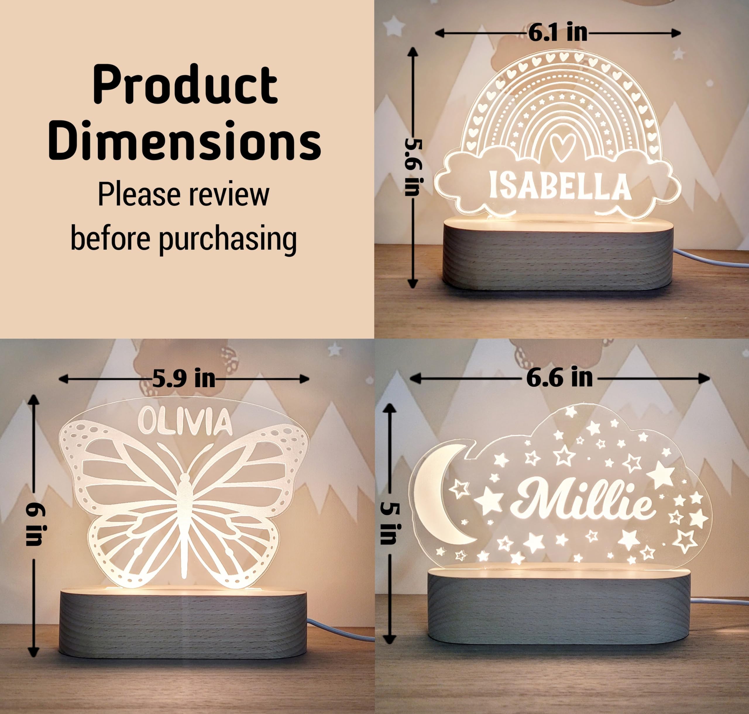 Personalized Night Light for Kids - Custom Name Baby Gift with Cloud, Butterfly, Rainbow, Moon & Stars Design - Perfect Nursery Decor & Unique Birthday Present for Baby Girls & Boys