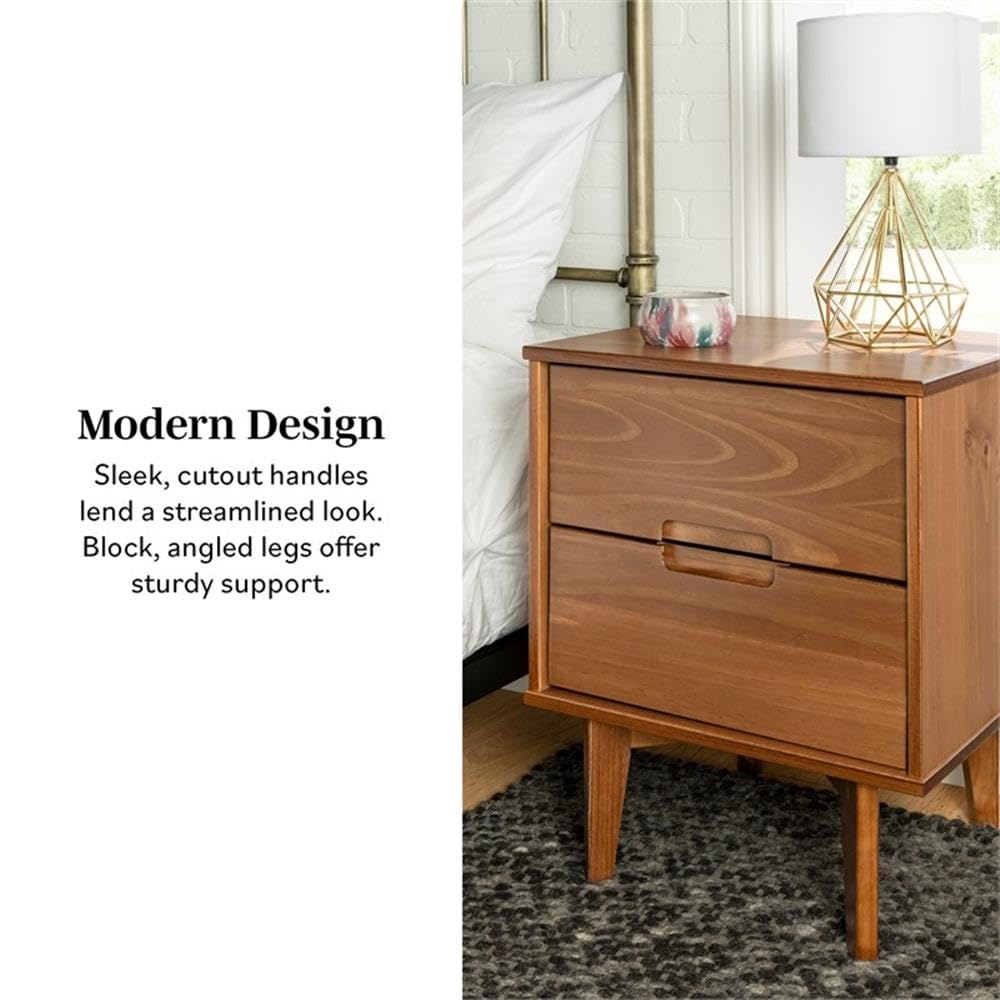 Walker Edison Mid Century Modern Wood Nightstand - 2 Drawer Bedside Table with Grooved Handle, Storage Shelf & Drawer, Caramel Finish - Perfect for Bedroom, Living Room, or Office Use
