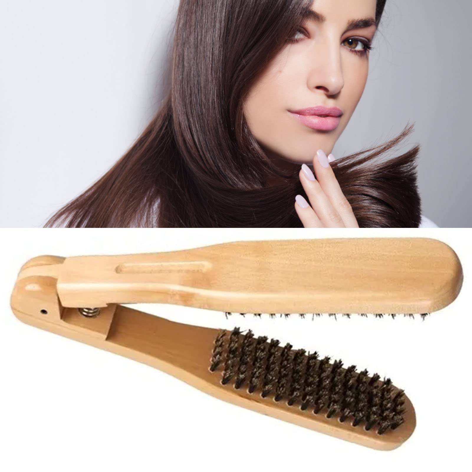Double-Sided Wooden Hair Straightener Brush - Professional Salon Clamp Styling Tool for Smooth & Shiny Hair at Home or Salon