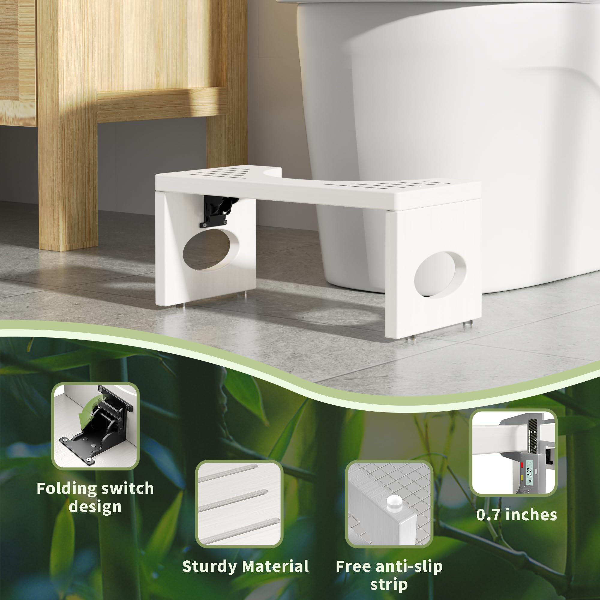 7 Inch Foldable Bamboo Toilet Stool - Ergonomic Squatting Step Stool for Bathroom, Natural White - Perfect for Constipation Relief & Healthy Bowel Movement