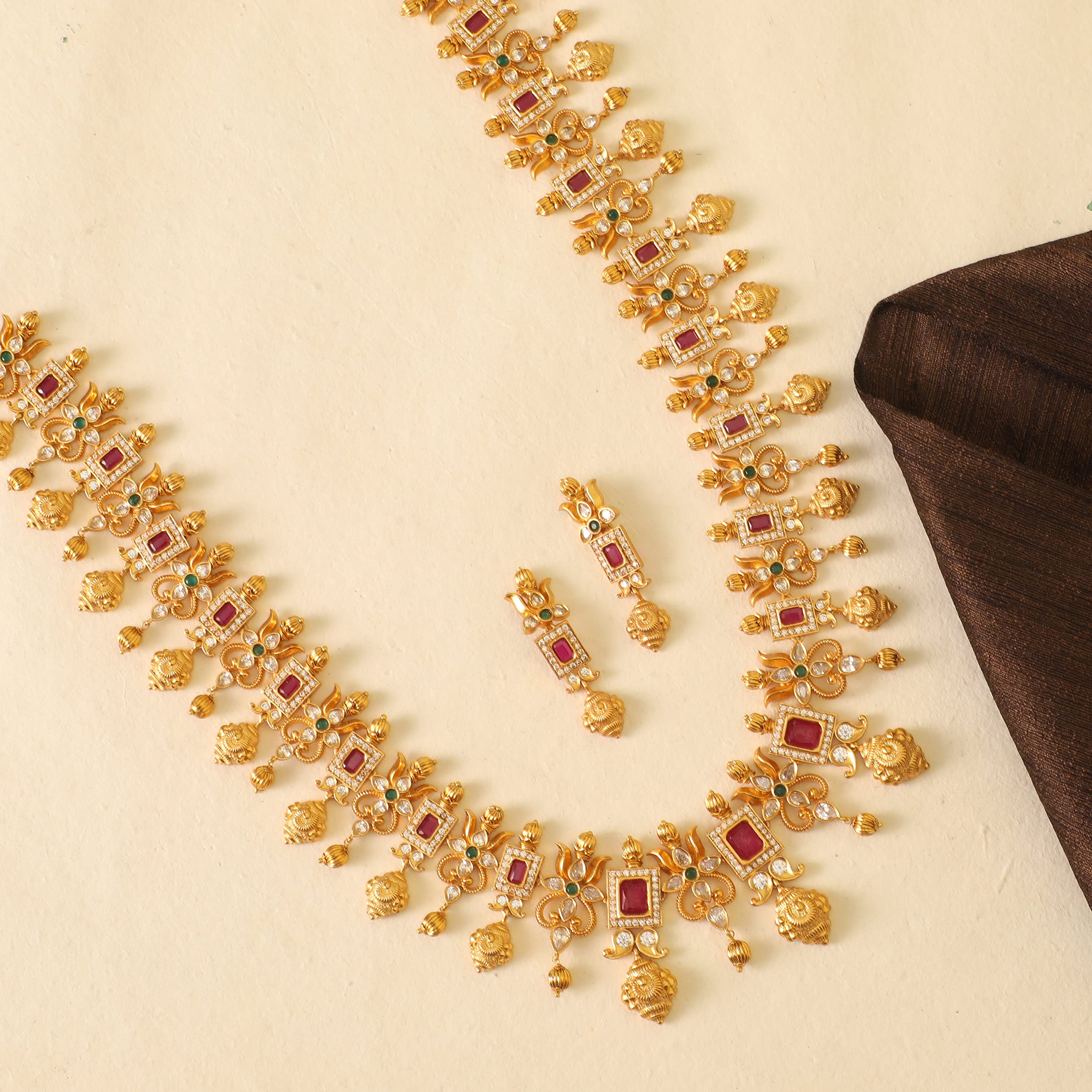 TARINIKA Antique Gold Plated Ahaana Long Necklace Set with Floral Design - Indian Jewelry Sets for Women | Traditional South Indian Necklace for Weddings, Festivals & Ethnic Occasions | 1 Year Warranty | Perfect Gift for Brides & Cultural Events