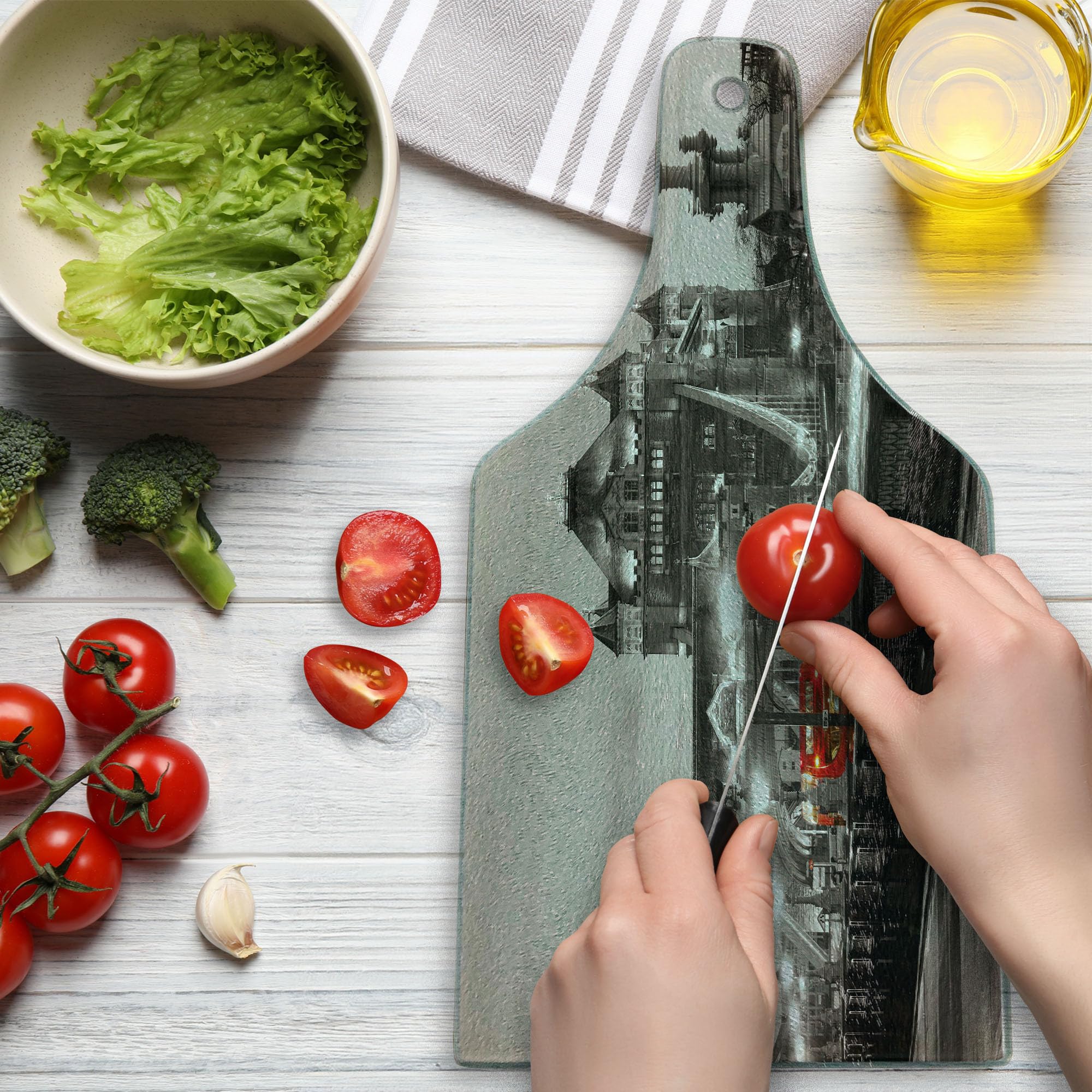 Ambesonne London Theme Black and White Cutting Board - Tower Bridge Cityscape Tempered Glass Serving Board for Kitchen, Cheese & Charcuterie - Wine Bottle Shape in Taupe Grey Red - Perfect for Entertaining & Home Decor
