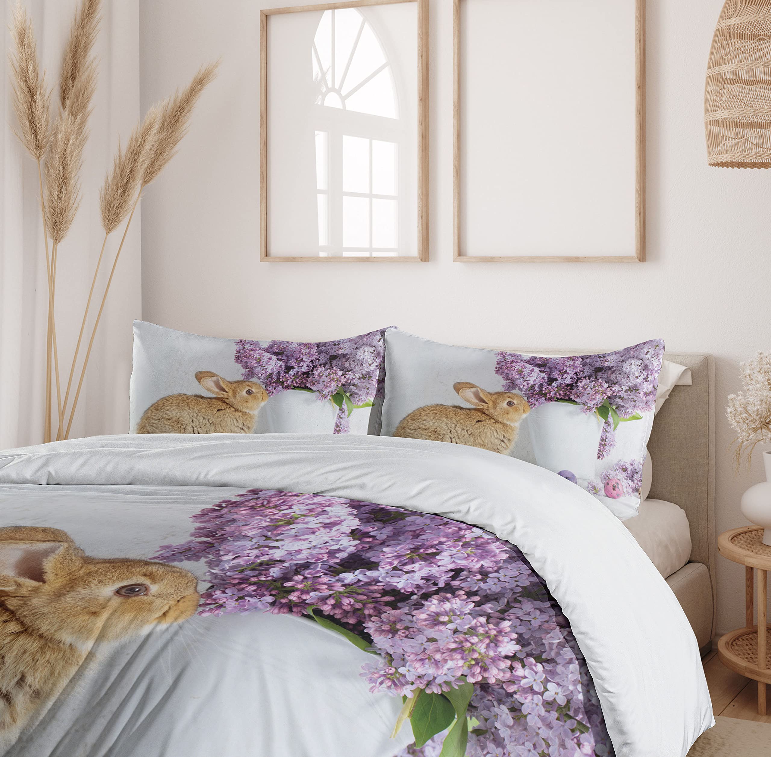Ambesonne Easter Bunny Duvet Cover Set - King Size 3-Piece Bedding with Floral Rabbit Design & 2 Pillow Shams | Brown Easter Decor with Lilac Flowers & Dyed Eggs | Perfect for Spring Bedroom Decor, Easter Gift & Holiday Home Styling