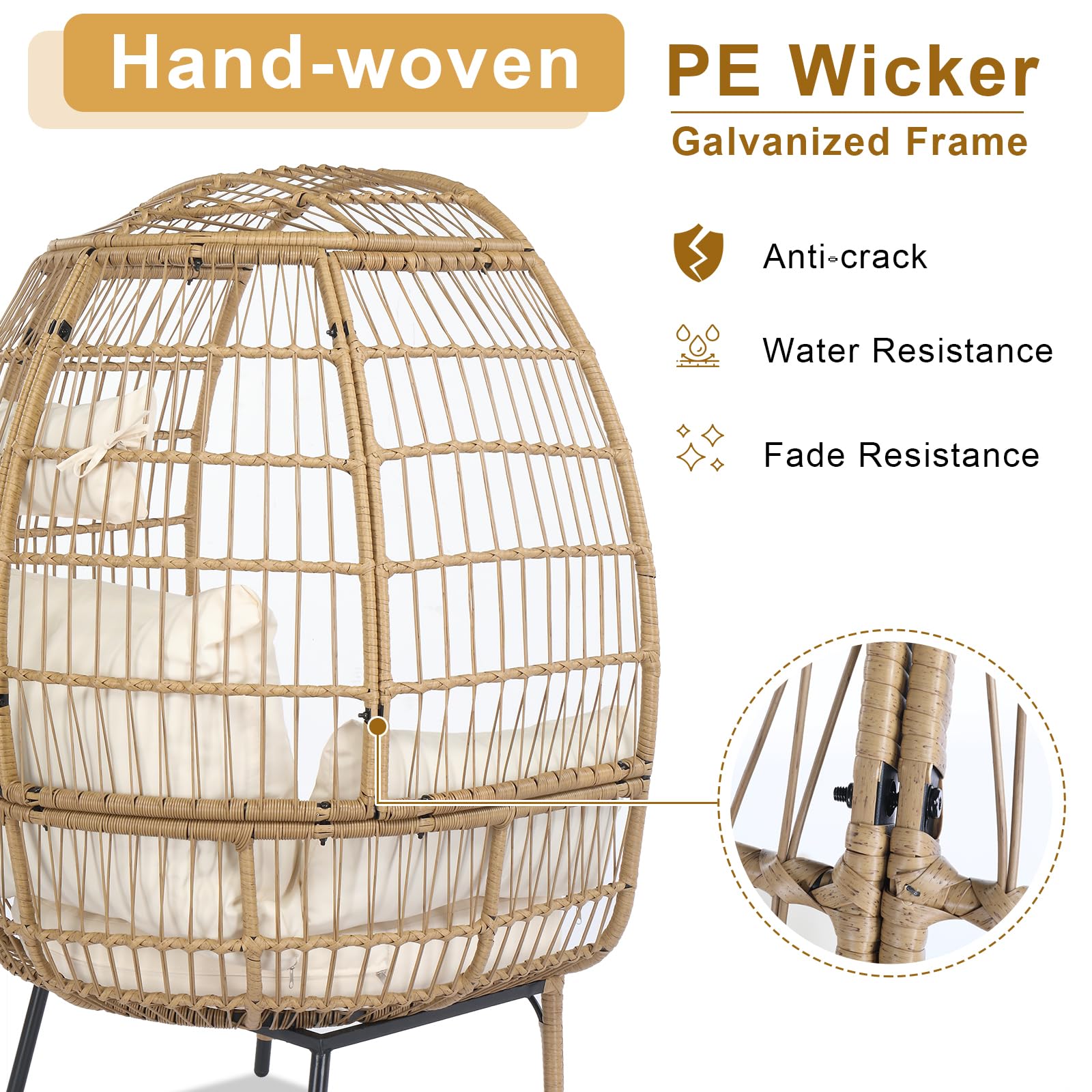 VINGLI Oversized Wicker Egg Chair with Cushions - 600lb Capacity Indoor/Outdoor Hanging Chair for Patio, Porch, Backyard, Living Room & Balcony - Perfect for Relaxing, Reading & Sunbathing (Yellow)