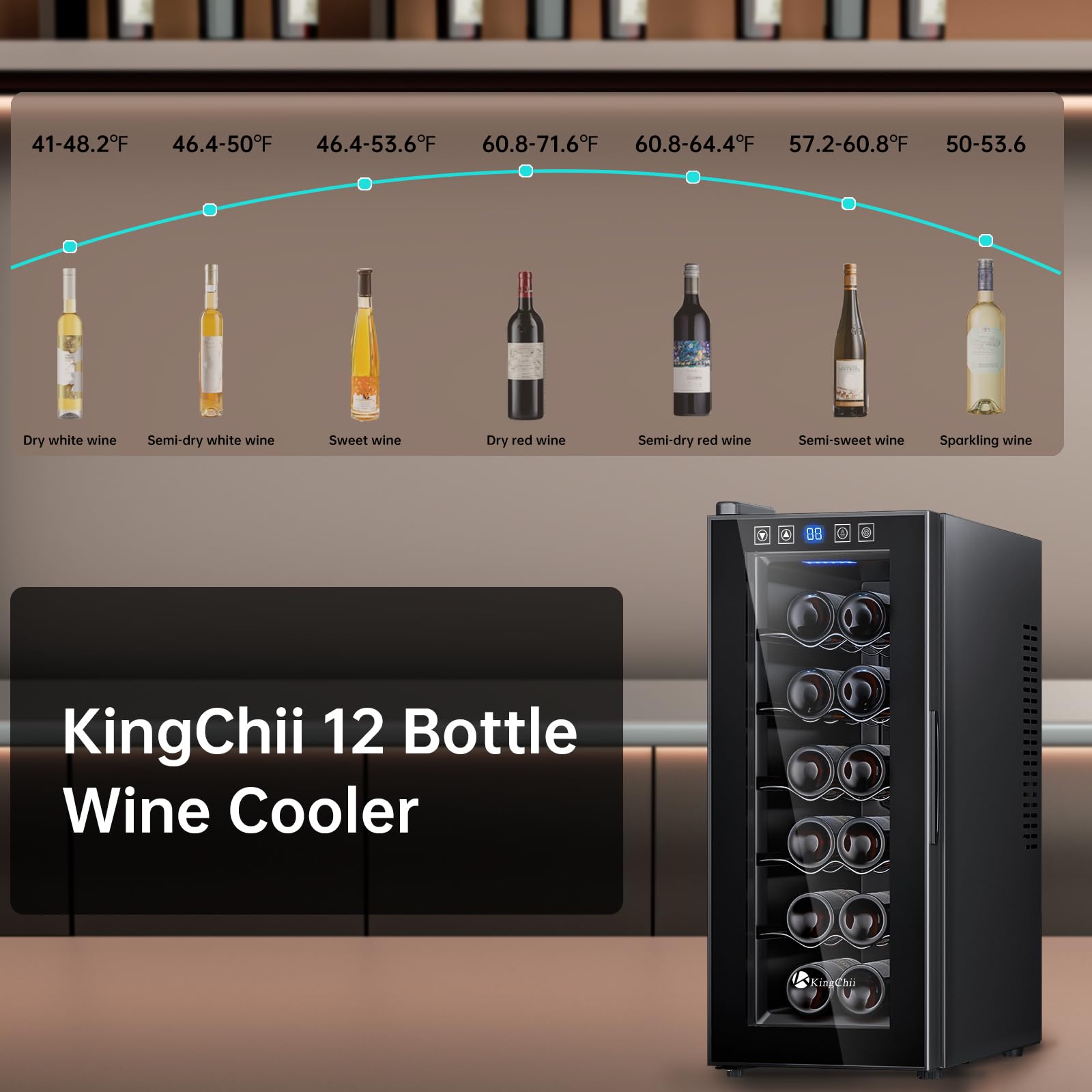 KingChii 12 Bottle Thermoelectric Wine Cooler Refrigerator - Advanced Cooling Technology, Stainless Steel & Tempered Glass Design for Red Wine and Champagne Storage - Perfect for Home, Kitchen, Office, or Restaurant Use