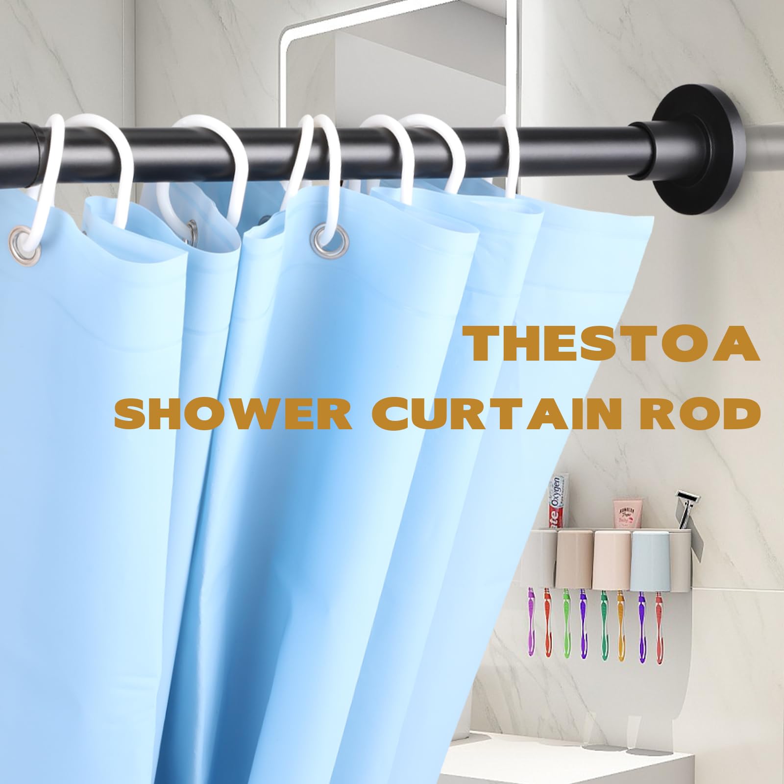 Adjustable Shower Curtain Rod 30-80 Inch - No Drill Rust-Resistant Spring Tension Rod with Holder for Bathroom - Perfect for Small Spaces & Rental Homes