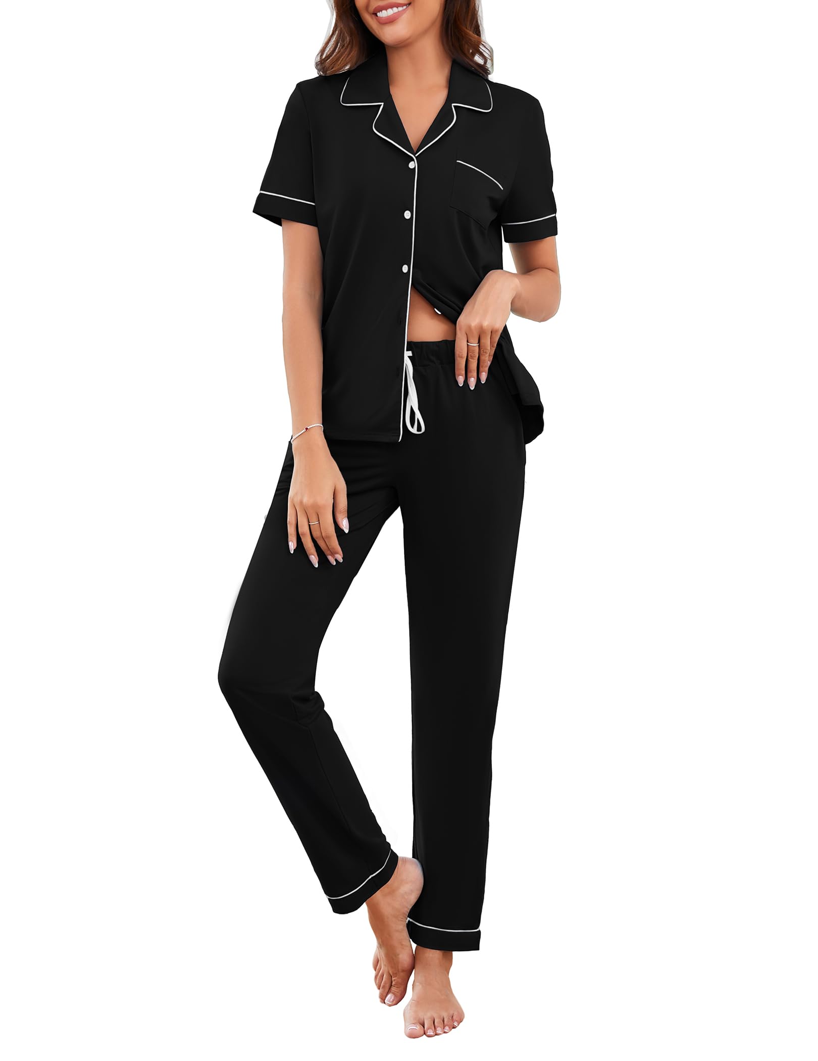 Women's Soft Button-Down Pajama Set - Short Sleeve Top & Pants 2-Piece Sleepwear for Nighttime & Lounge Comfort - Perfect for Relaxing at Home, Sleepovers, and Cozy Evenings