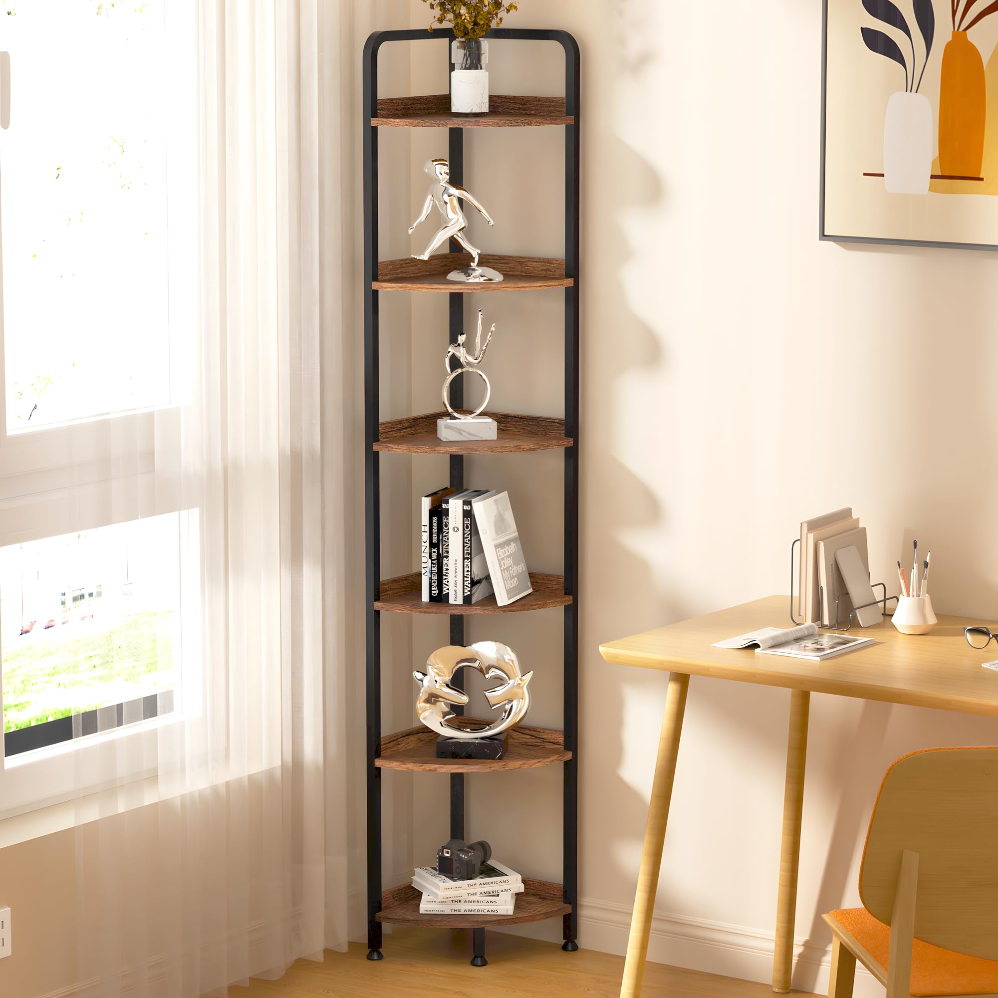 6-Tier Corner Shelf Stand - Rustic Brown Metal Frame Multi-Purpose Display & Storage Unit for Books, Plants & Decor | Perfect for Living Room, Home Office & Small Space Organization