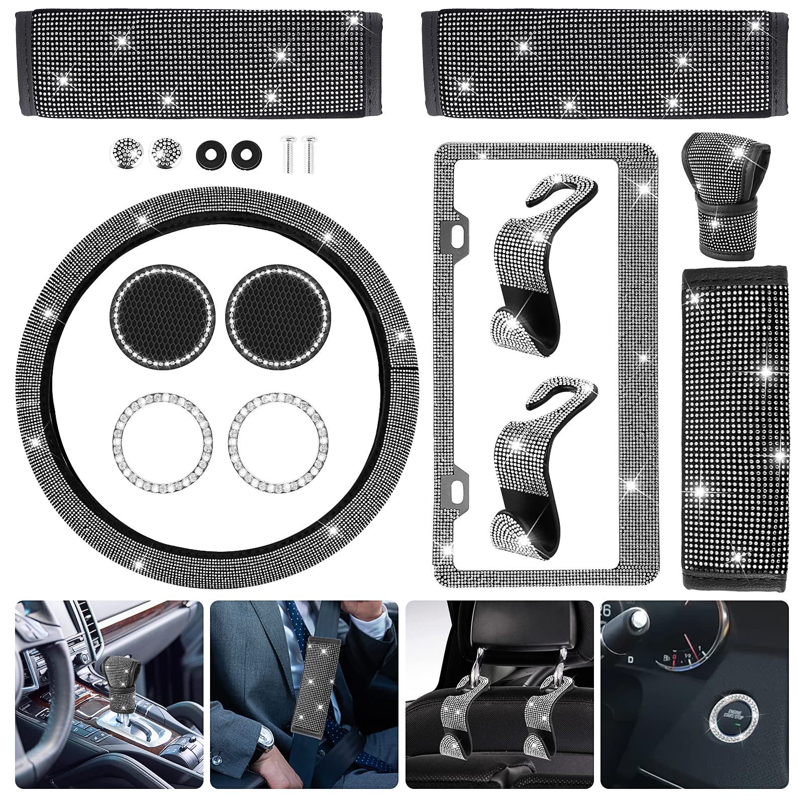 Sparkling Car Accessories for Women - Rhinestone Steering Wheel Cover, Seat Belt Cover & Dual USB Charger Set | Luxury Interior Decor for Sedan, SUV, Coupe | Perfect Gift for Her, Birthday & Christmas