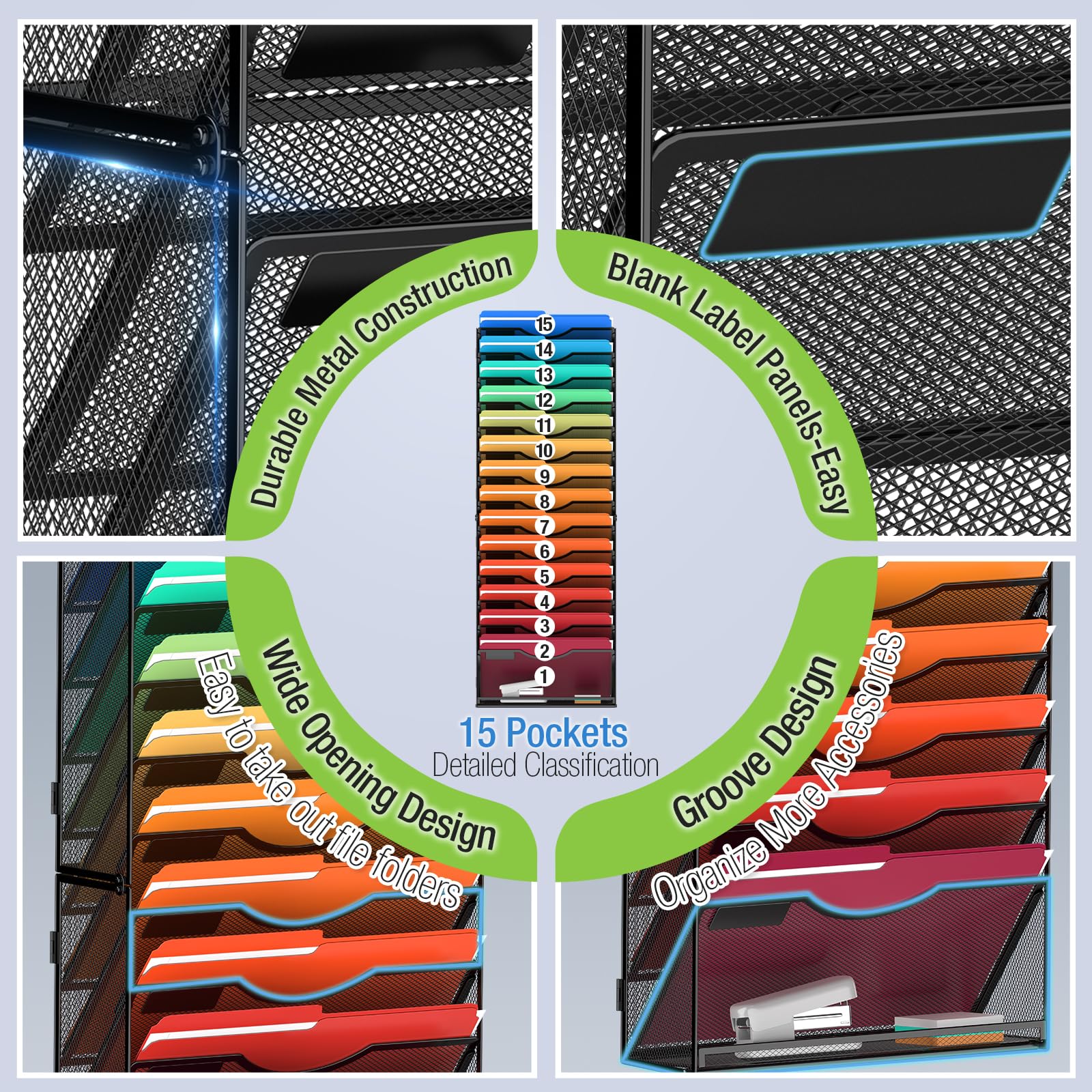 15-Tier Wall File Organizer - Hanging Document Holder for Papers, Mails, Folders & Magazines - Office, School & Home Organization - Black - Perfect for Desk Space Saving & Clutter-Free Workspaces